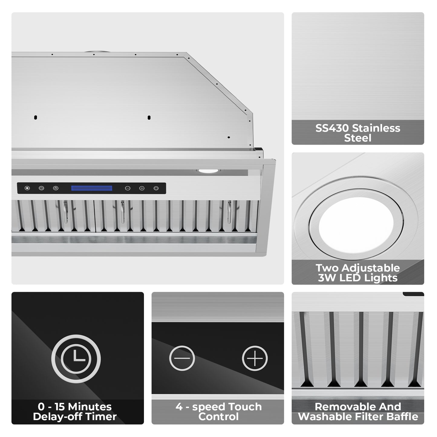 900 CFM Convertible Insert Range Hood with Remote,Touch Control LCD,Long-term Warranty in Stainless Steel