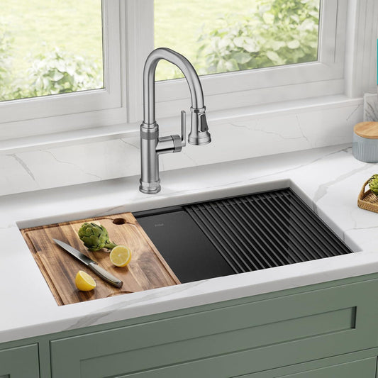 Paredi KWU110-27/PGM Workstation Undermount 16 Gauge Black Stainless Steel Single Bowl Kitchen Sink in PVD Gunmetal Finish with Accessories