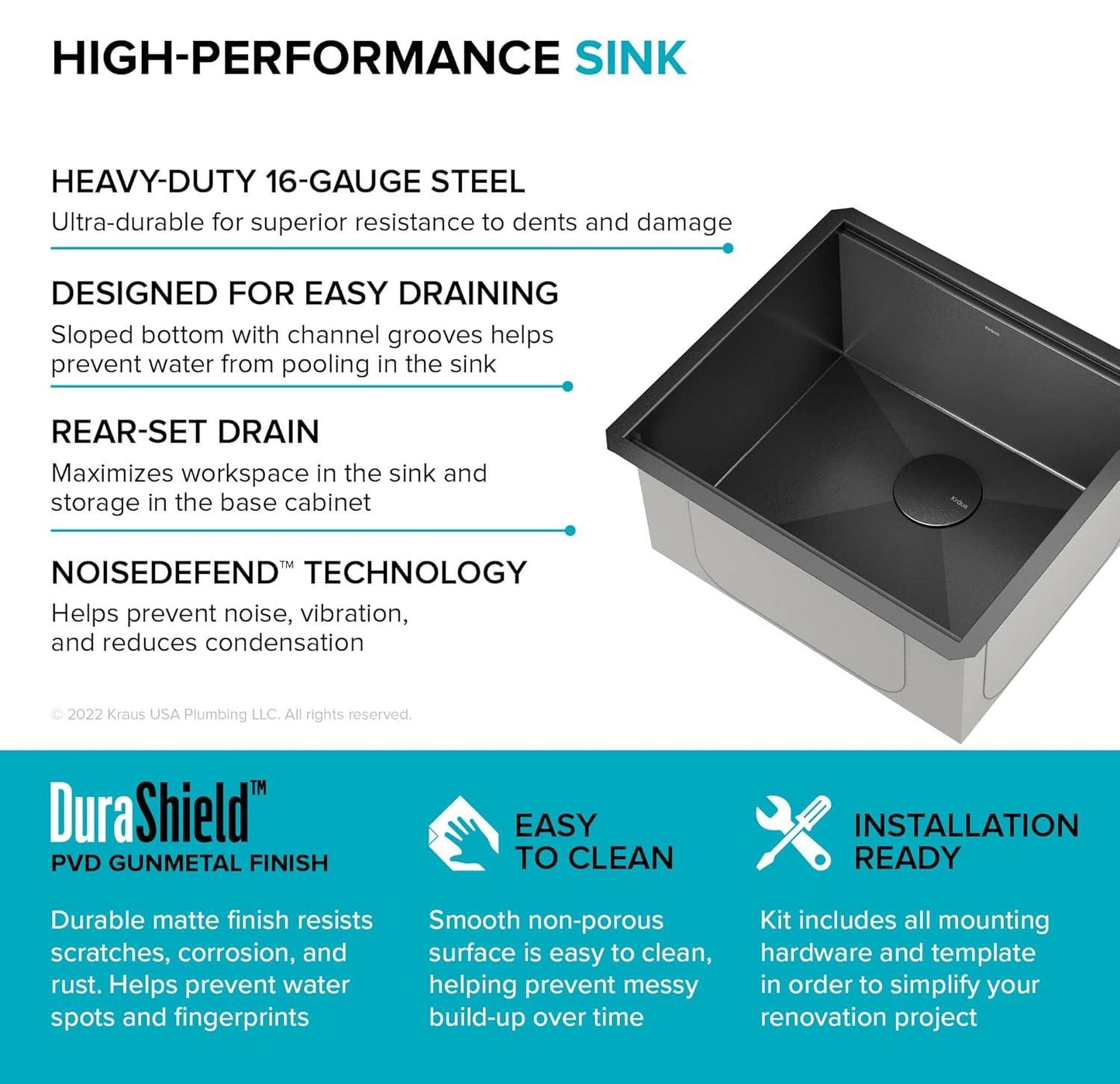 Paredi KWU1101-21-PGM Undermount Workstation 16 Gauge Black Stainless Steel Single Bowl Kitchen Sink in PVD Gunmetal Finish with Accessories