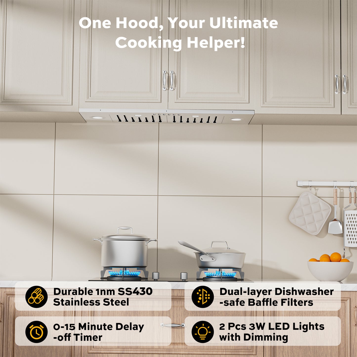 900 CFM Convertible Insert Range Hood with 4-Speed Control,Low Noise,Long-term Warranty,Lights in Stainless Steel