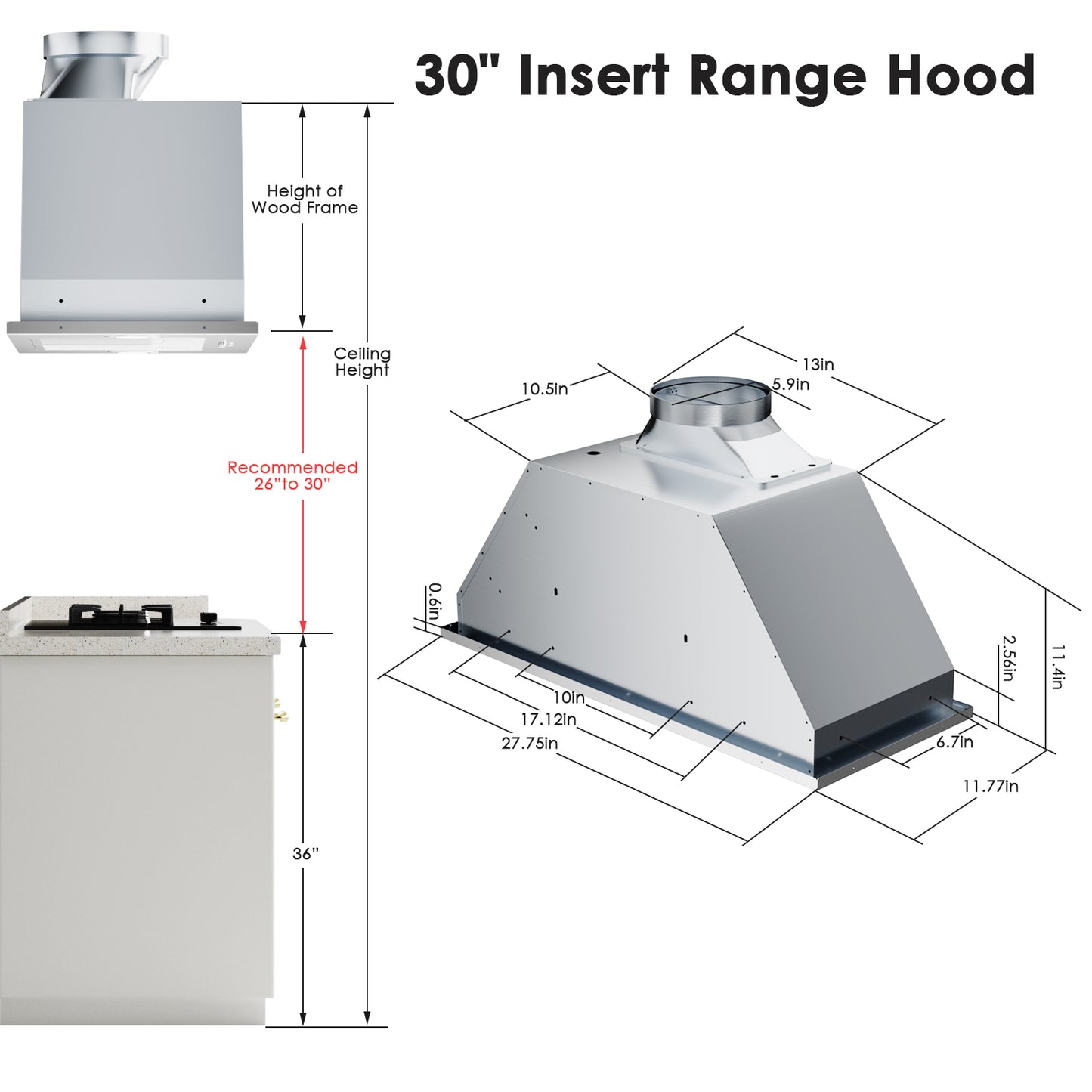 900 CFM Convertible Insert Range Hood with 4-Speed Control,Low Noise,Long-term Warranty,Lights in Stainless Steel