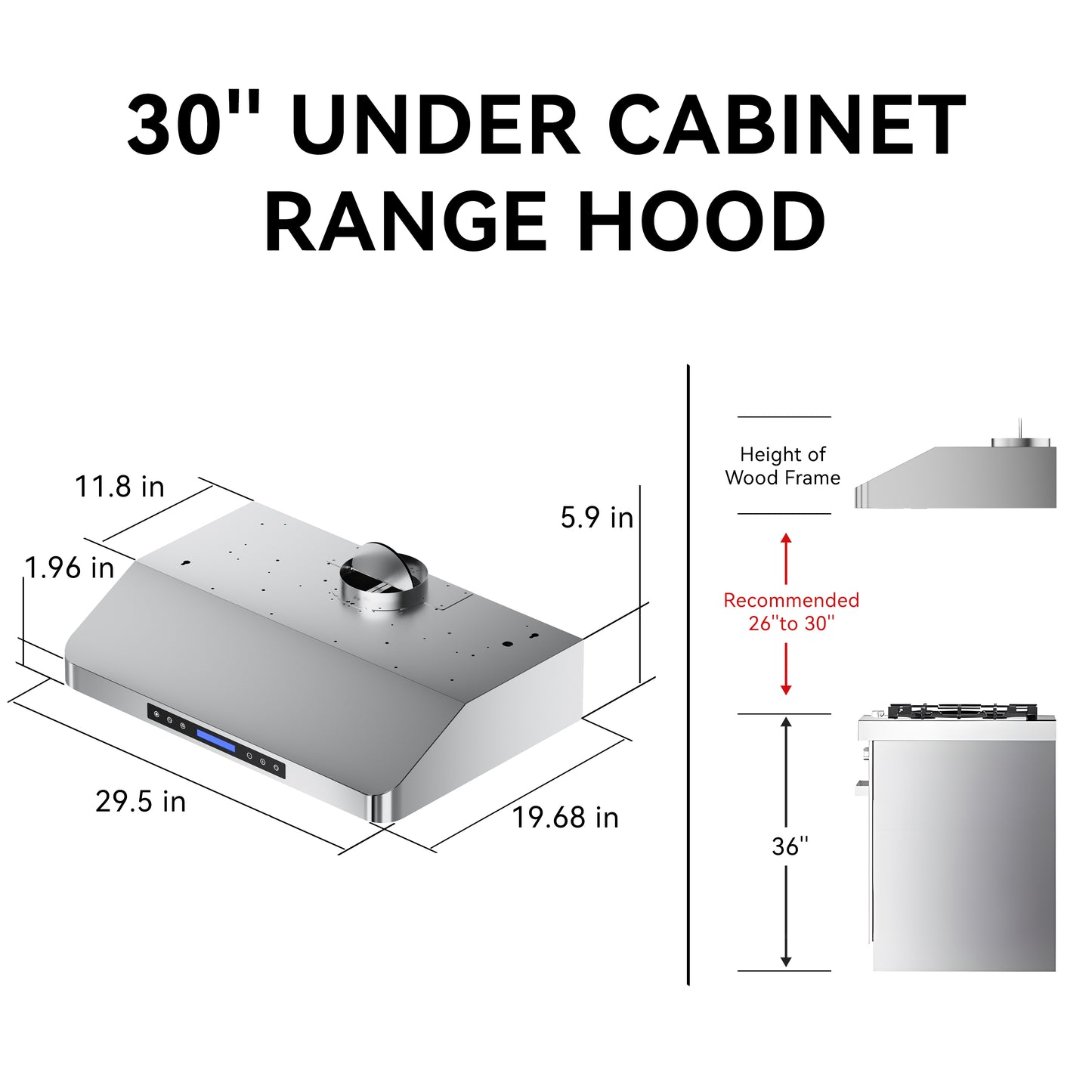 900 CFM Under Cabinet Range Hood with Remote,Touch Control LCD,Low Noise,Long-term Warranty in Stainless Steel