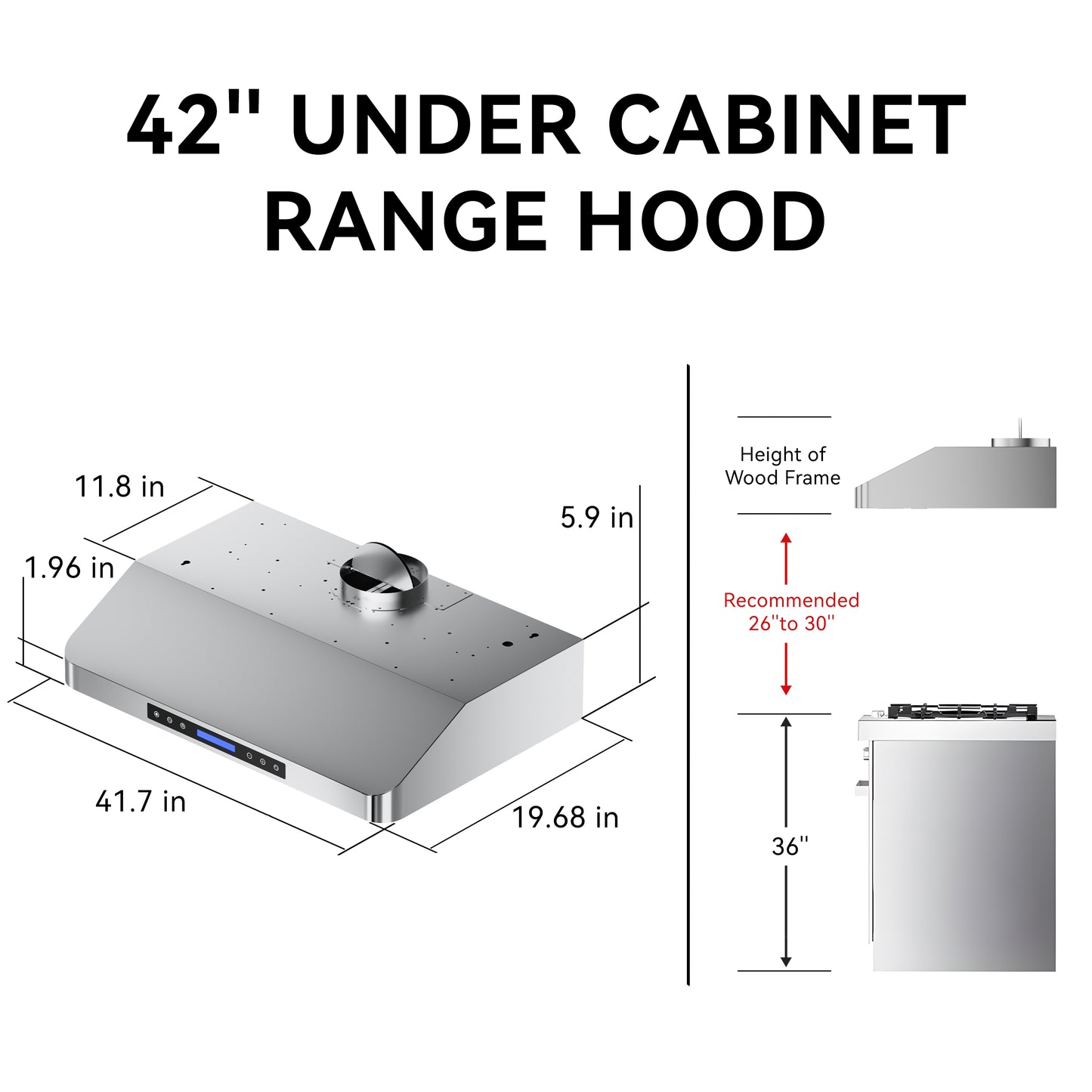 900 CFM Under Cabinet Range Hood with Remote,Touch Control LCD,Low Noise,Long-term Warranty in Stainless Steel