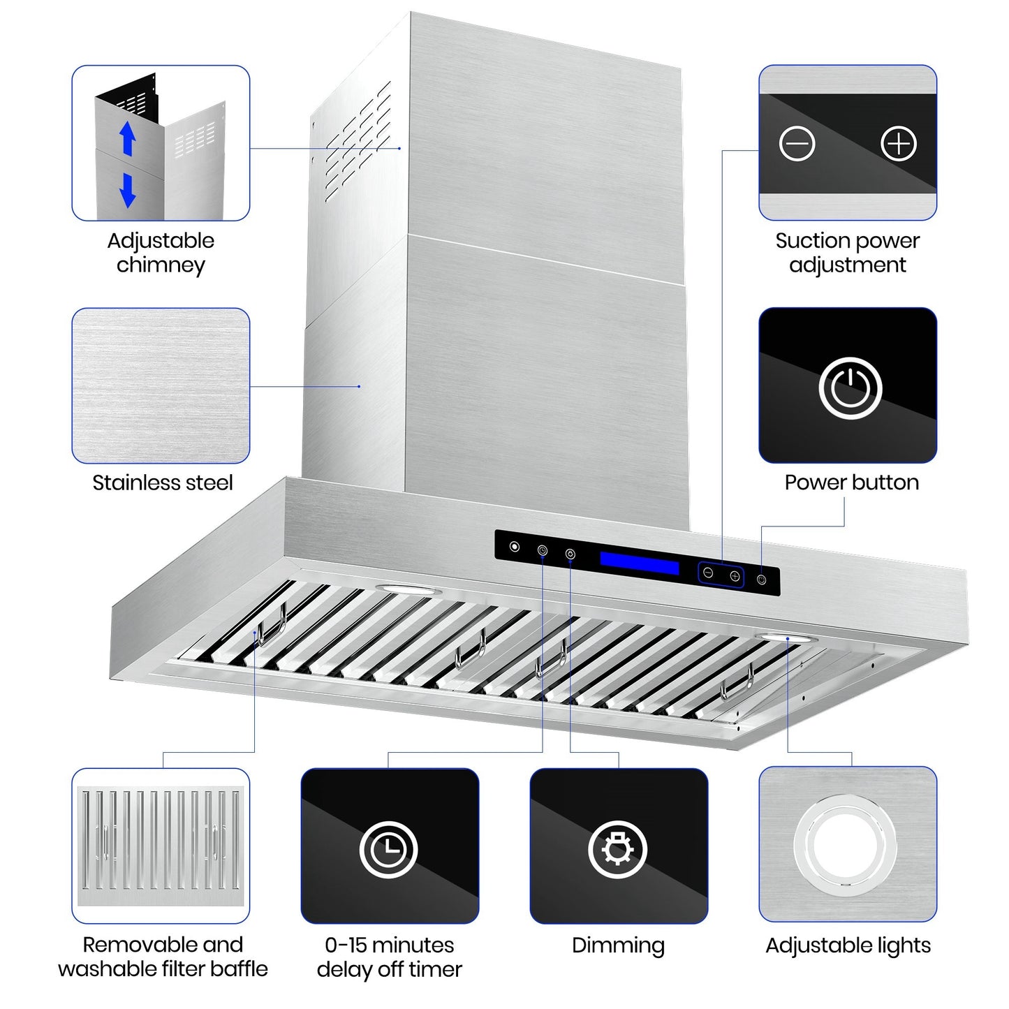 900 CFM Wall Mount Range Hood with Remote,Touch Control LCD,Low Noise,Long-term Warranty in Stainless Steel