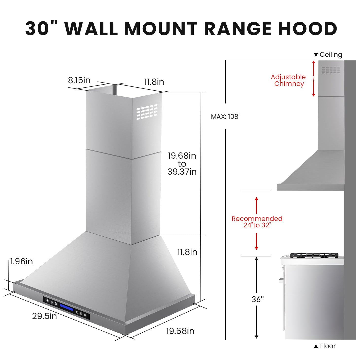 900 CFM Convertible Wall Mount Range Hood with Remote,Touch Control LCD,Long-term Warranty in Stainless Steel
