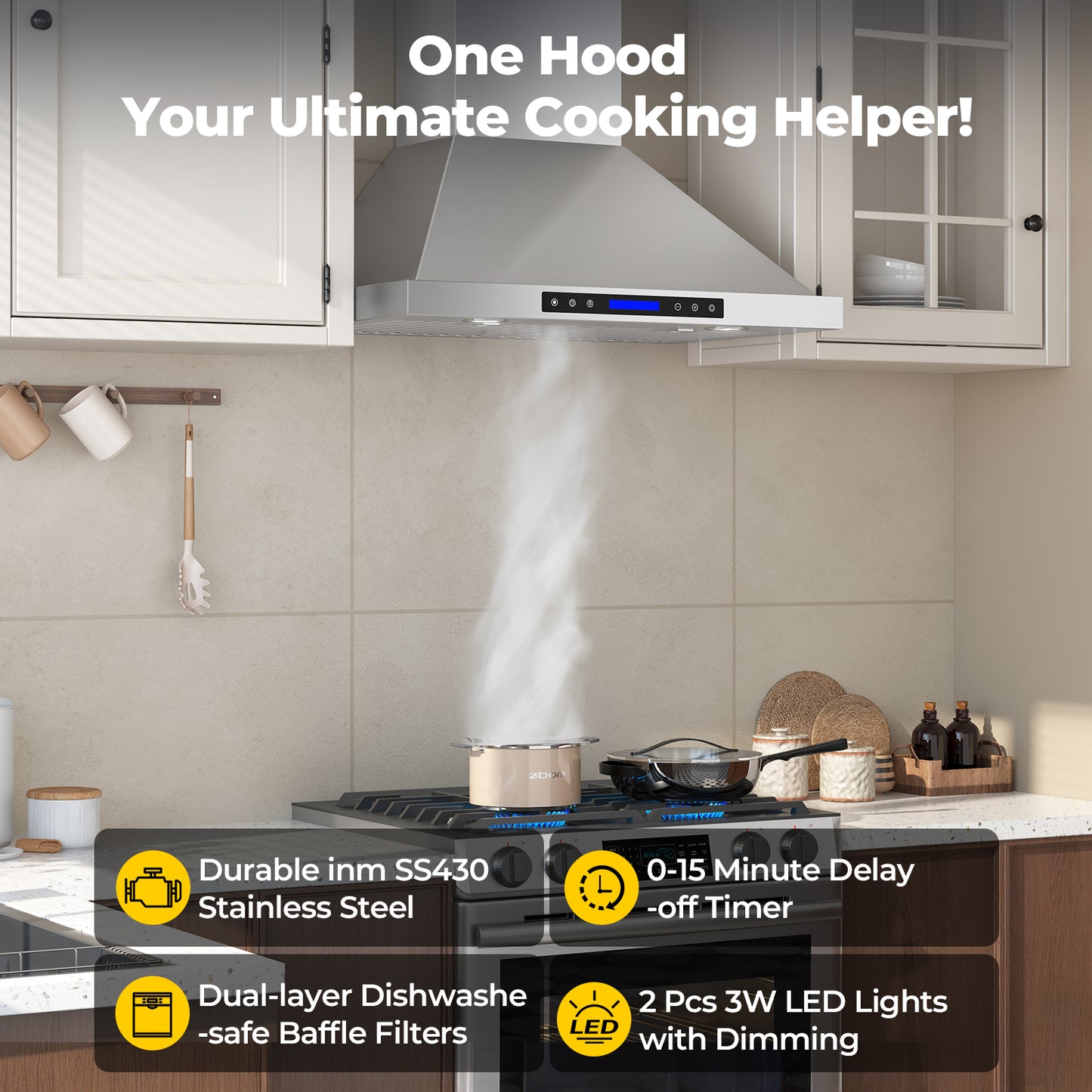 900 CFM Convertible Wall Mount Range Hood with Remote,Touch Control LCD,Long-term Warranty in Stainless Steel