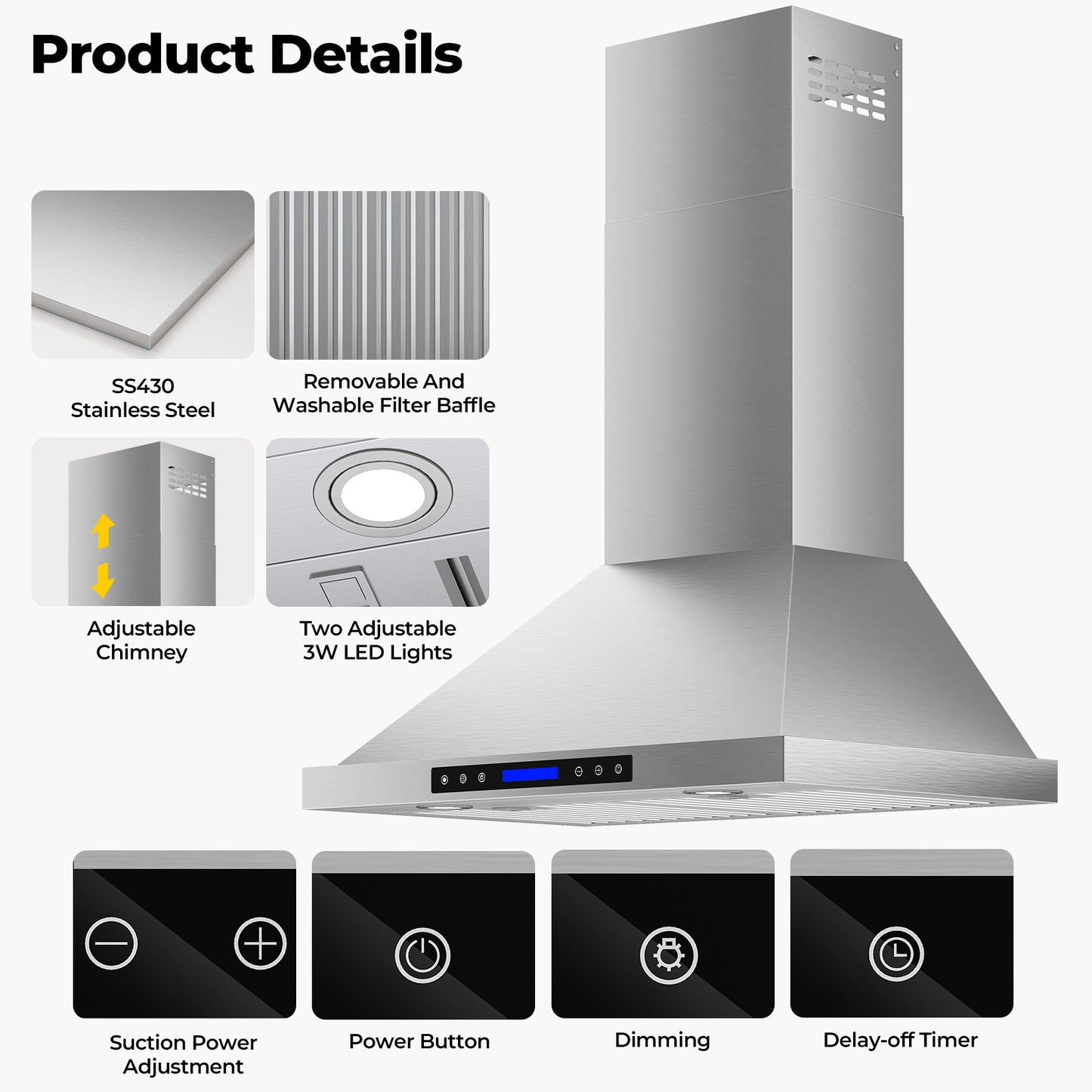 900 CFM Convertible Wall Mount Range Hood with Remote,Touch Control LCD,Long-term Warranty in Stainless Steel