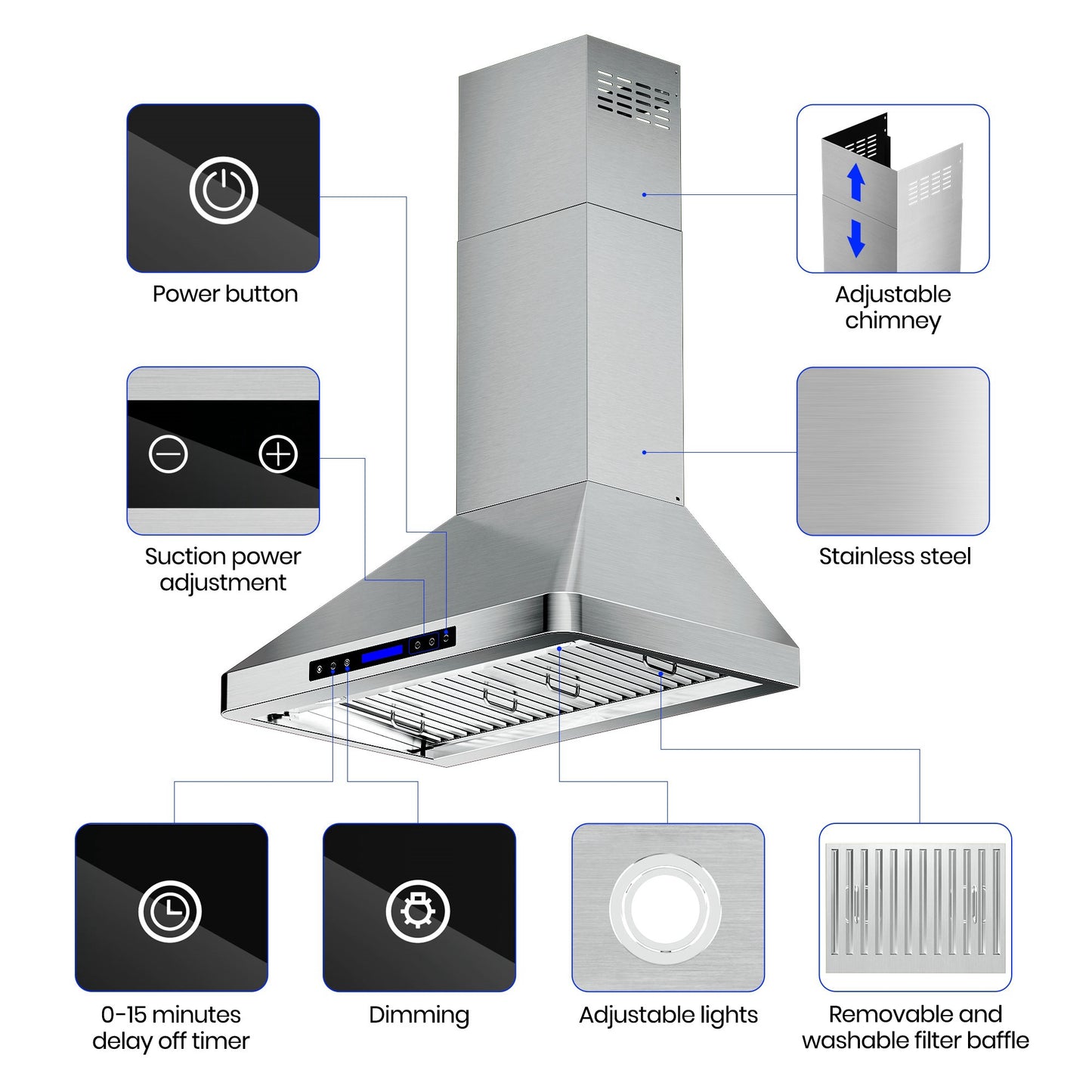 900 CFM Convertible Wall Mount Range Hood with Remote,Touch Control LCD,Long-term Warranty in Stainless Steel
