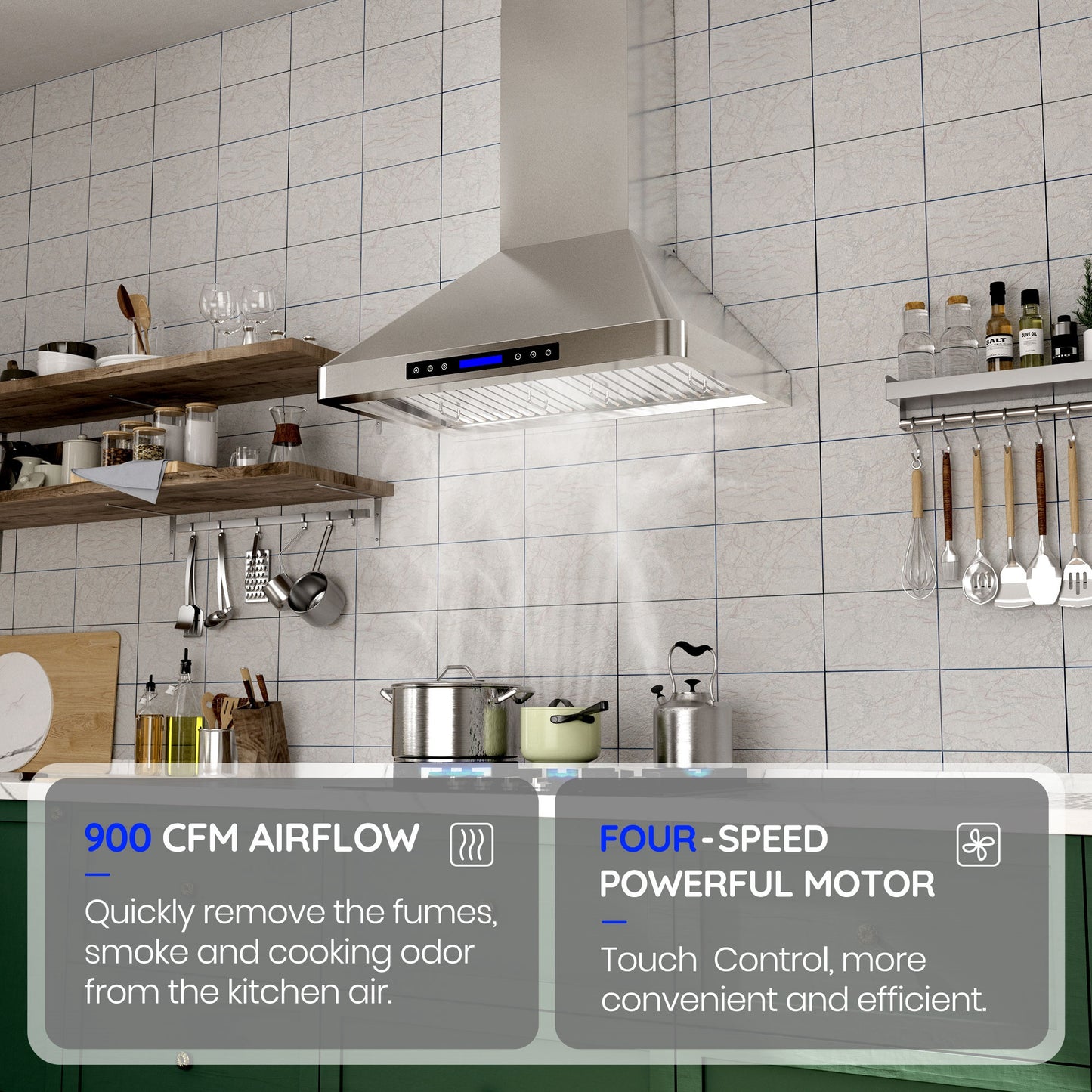 900 CFM Convertible Wall Mount Range Hood with Remote,Touch Control LCD,Long-term Warranty in Stainless Steel