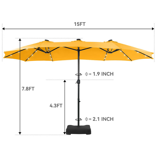 Aynova 15 ft Rectangle Patio Umbrella with Solar Lights and Base Included, Double-Sided Market Table Umbrella with Crank, Large Outdoor Umbrellas for Patio Poolside Garden Backyard, Gold Yellow