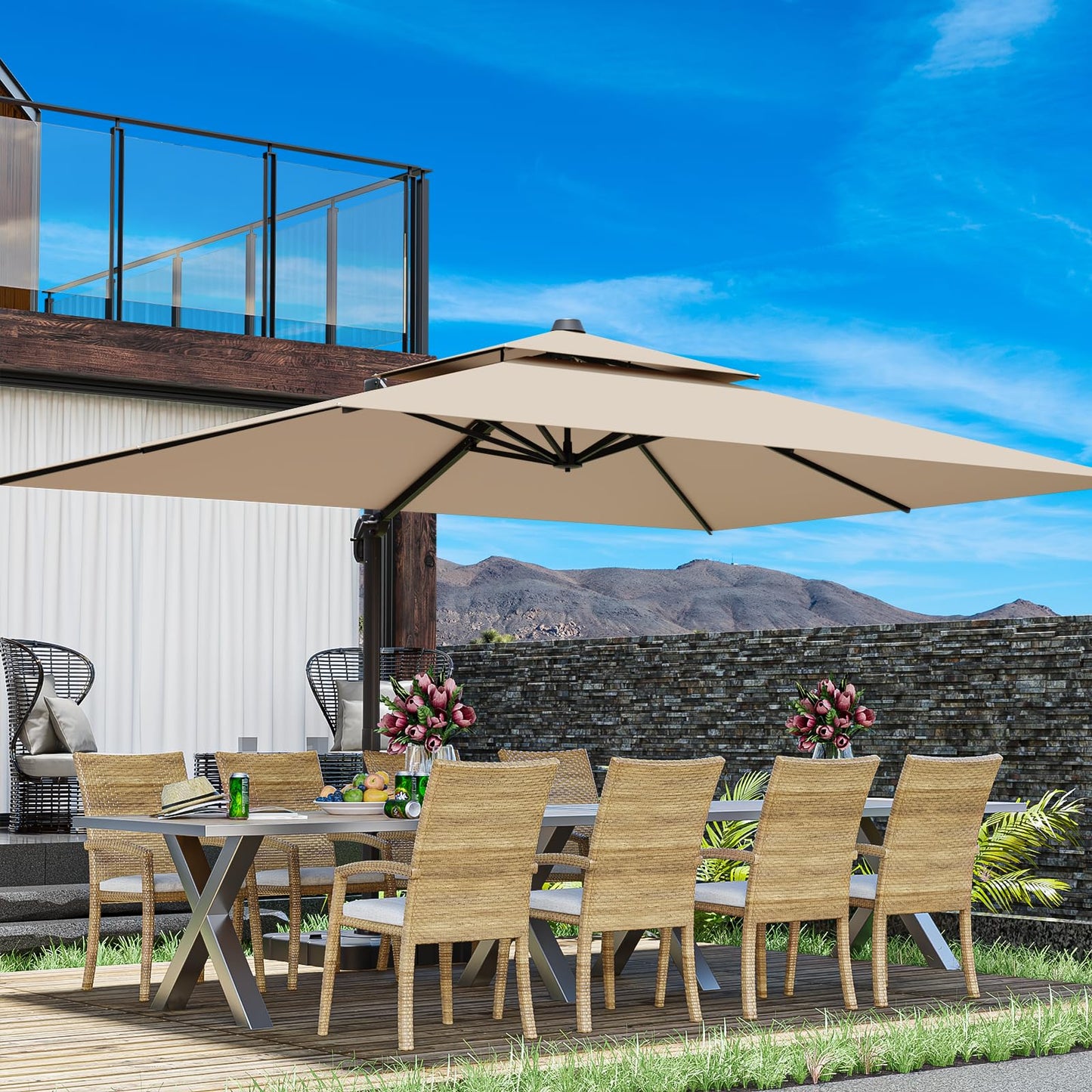 Aynova 10x13FT Cantilever Outdoor Patio Umbrellas, Double Top Large Rectangle Umbrella, Heavy Duty 360° Rotation Offset Outdoor Sun Shade Umbrella for Garden Deck Pool Backyard Patio, Beige