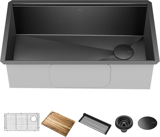 Paredi KWU110-32/PGM  Workstation Undermount 16 Gauge Black Stainless Steel Single Bowl Kitchen Sink in PVD Gunmetal Finish with Accessories