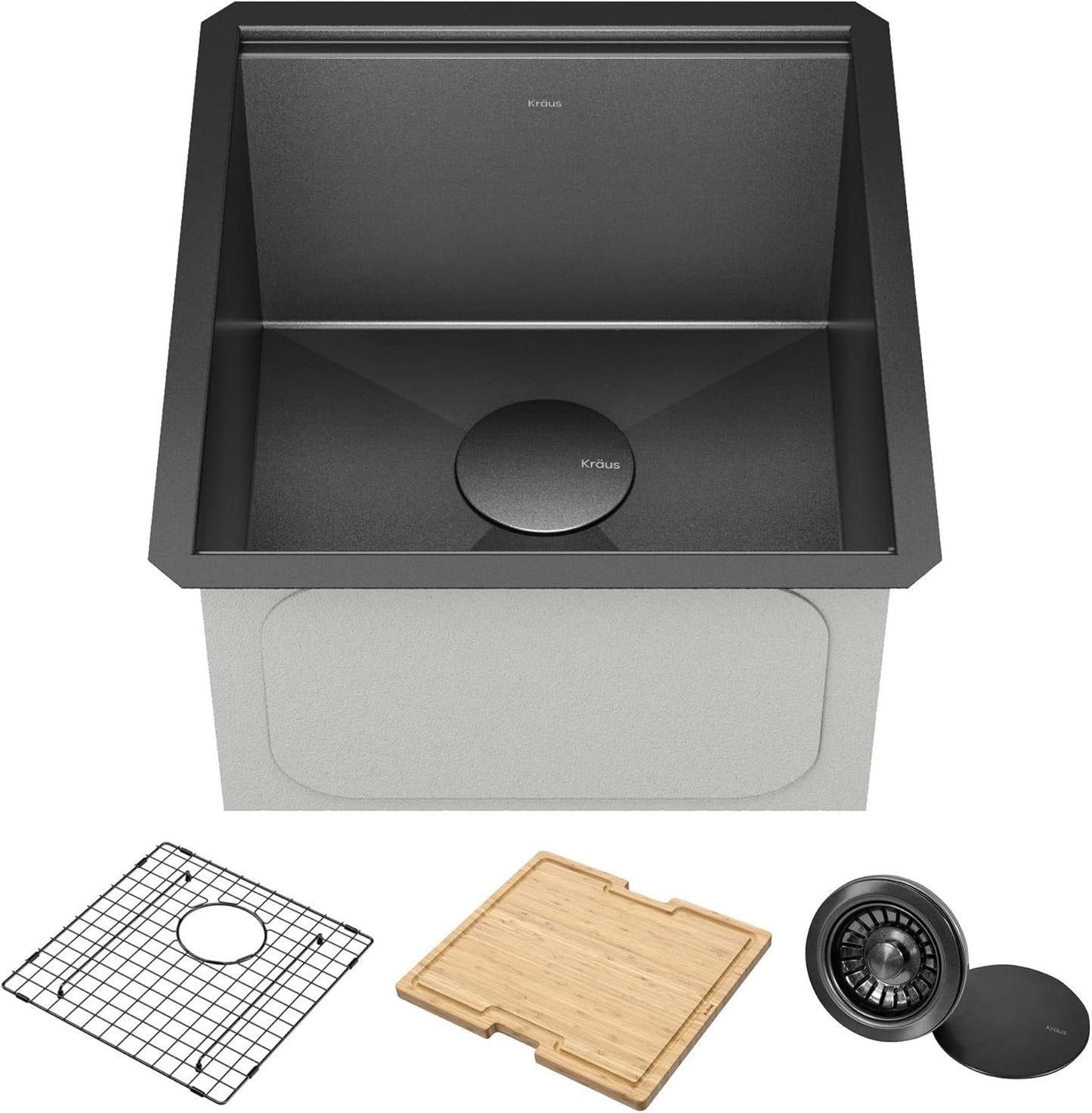 Paredi KWU1101-17-PGM Undermount 16 Gauge Black Stainless Kitchen Sink, Single Bowl Kitchen Sink in PVD Gunmetal Finish with Accessories