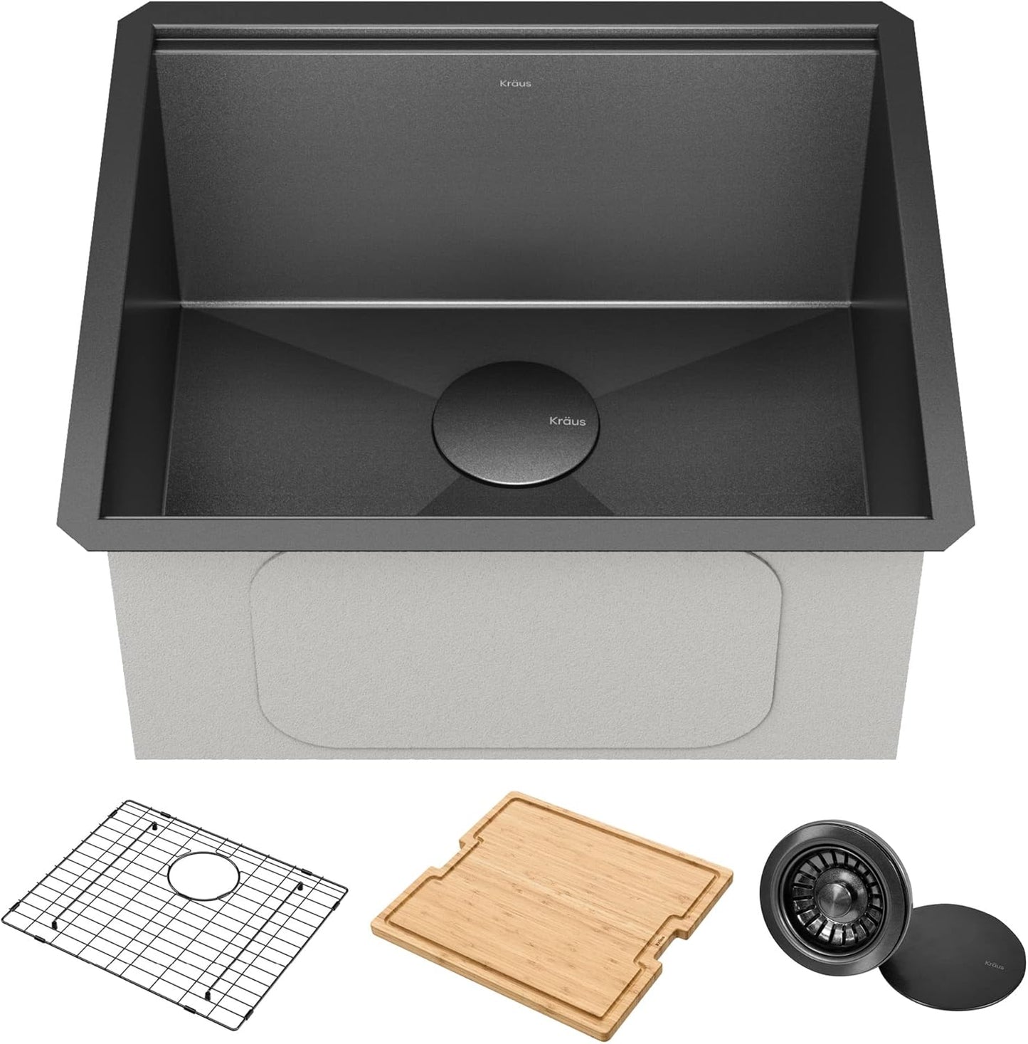 Paredi KWU1101-21-PGM Undermount Workstation 16 Gauge Black Stainless Steel Single Bowl Kitchen Sink in PVD Gunmetal Finish with Accessories