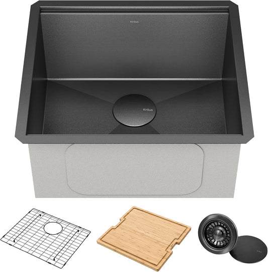 Paredi KWU1101-21-PGM Undermount Workstation 16 Gauge Black Stainless Steel Single Bowl Kitchen Sink in PVD Gunmetal Finish with Accessories
