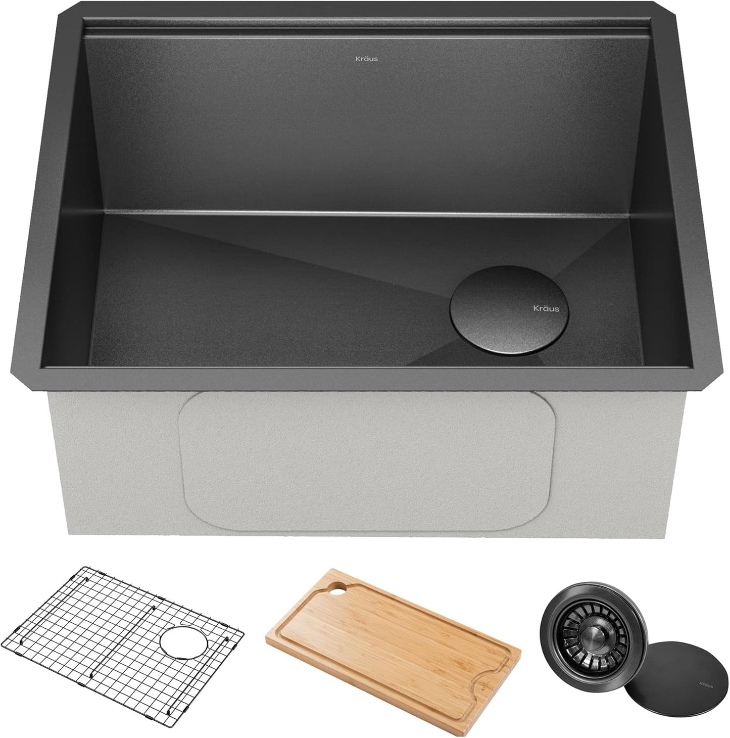 Paredi KWU1111-23-PGM Undermount Workstation 16 Gauge Black Stainless Steel Single Bowl Kitchen Sink in PVD Gunmetal Finish with Accessories
