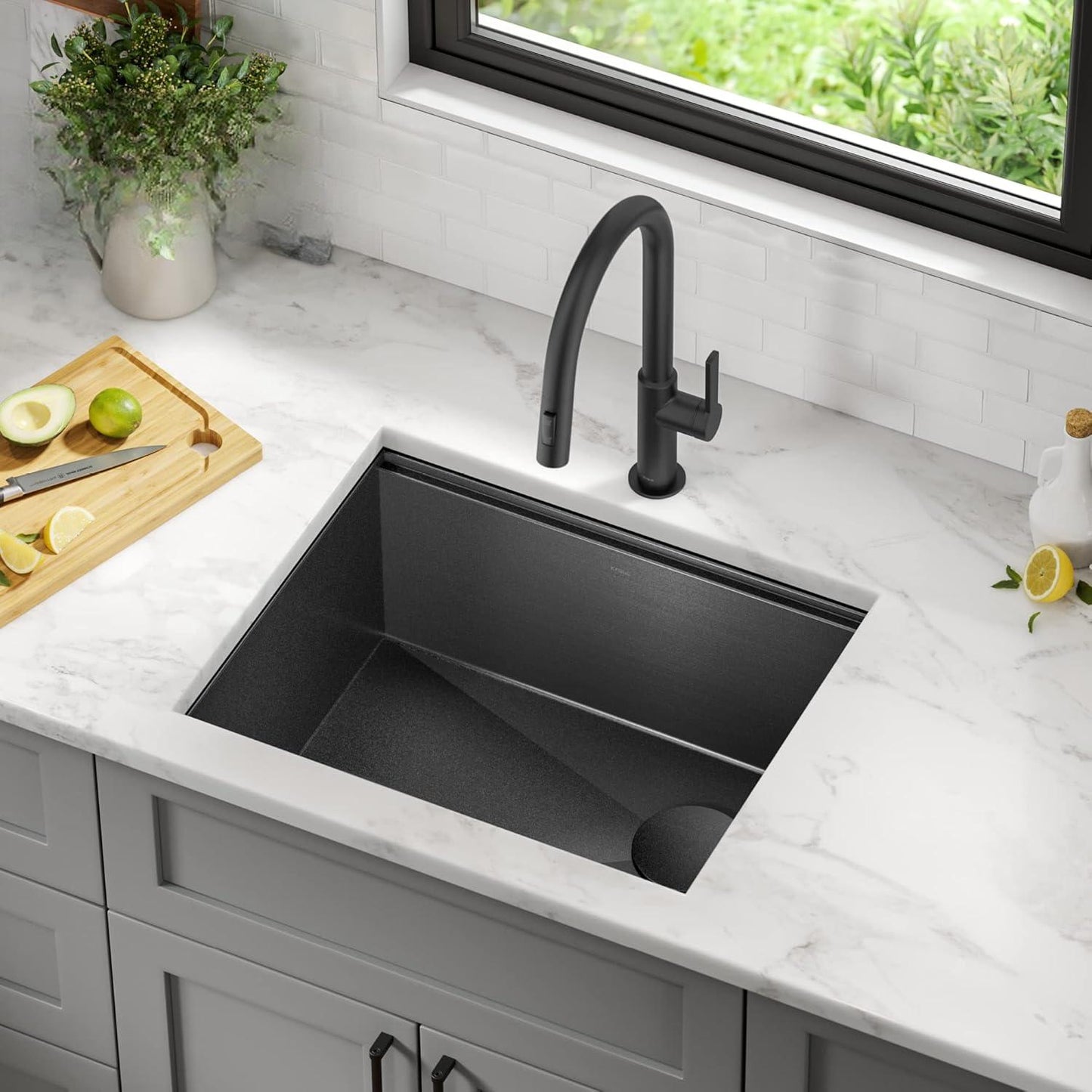 Paredi KWU1111-23-PGM Undermount Workstation 16 Gauge Black Stainless Steel Single Bowl Kitchen Sink in PVD Gunmetal Finish with Accessories