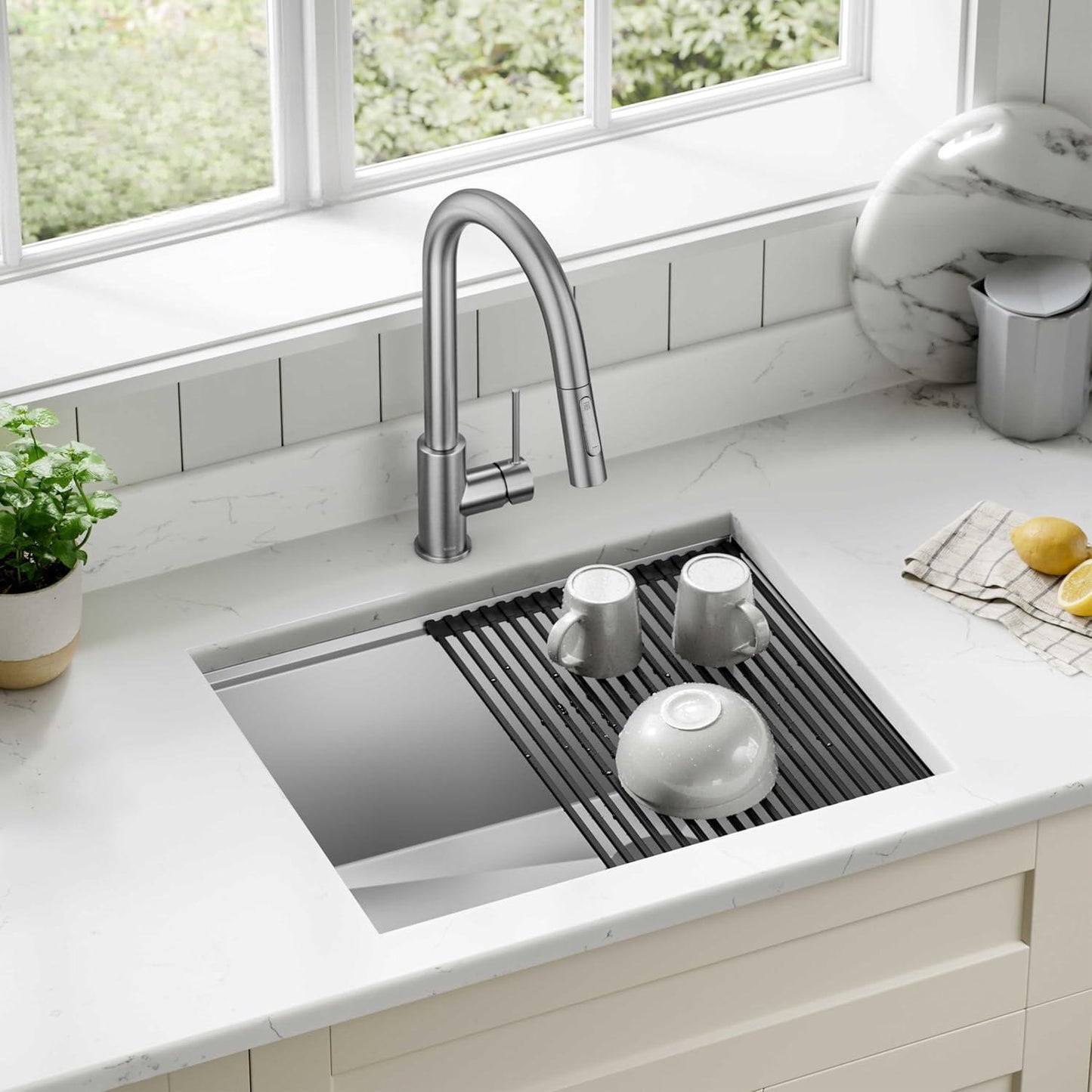 Paredi KWU111-23 Undermount Workstation 16 Gauge Single Bowl Stainless Steel Kitchen Sink with Accessories