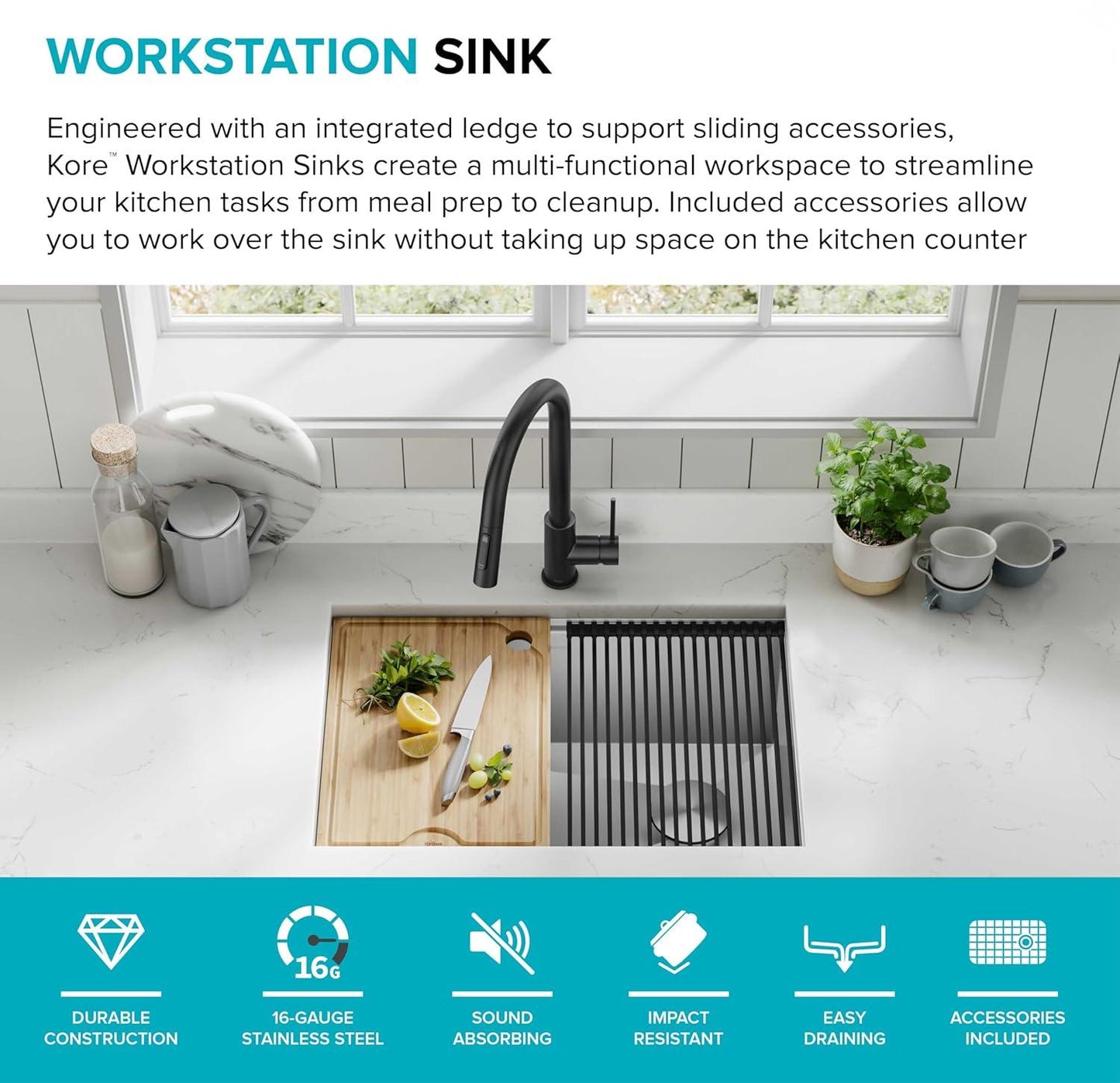 Paredi KWU110-36 Undermount Workstation 16 Gauge Single Bowl Stainless Steel Kitchen Sink with Accessories