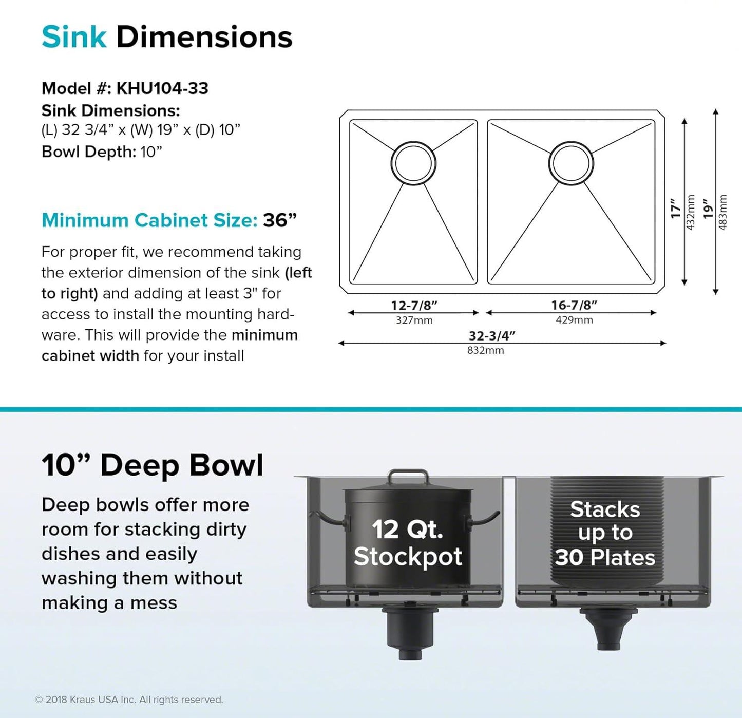 Paredi KHU104-33 Standart Pro 33 -inch Undermount 60/40 Double Bowl 16 Gauge Stainless Steel Kitchen Sink