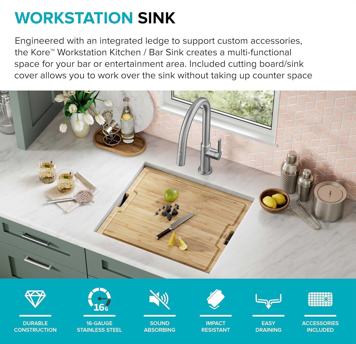 Paredi KWU111-21 Undermount Workstation 16 Gauge Single Bowl Stainless Steel Kitchen Sink with Accessories