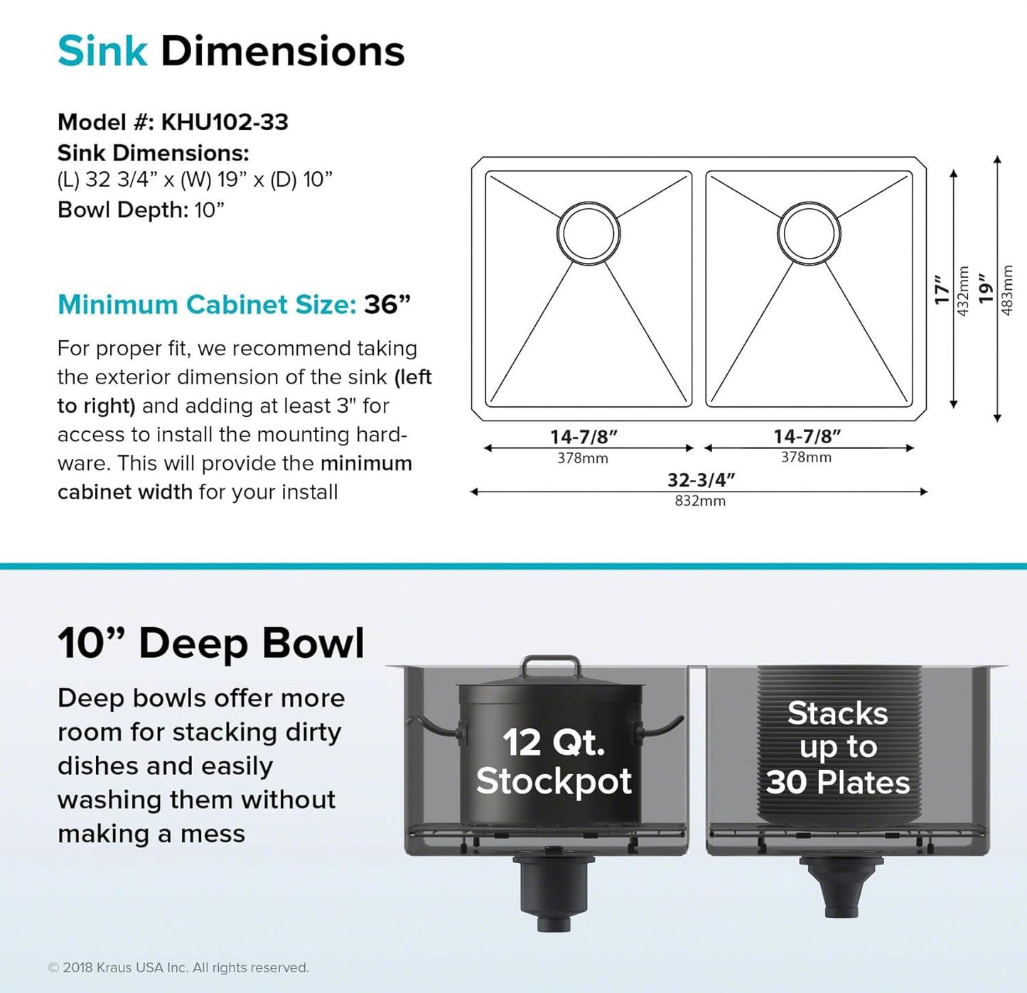 Paredi KHU102-33 Standart Pro 33 -inch Undermount 50/50 Double Bowl 16 Gauge Stainless Steel Kitchen Sink