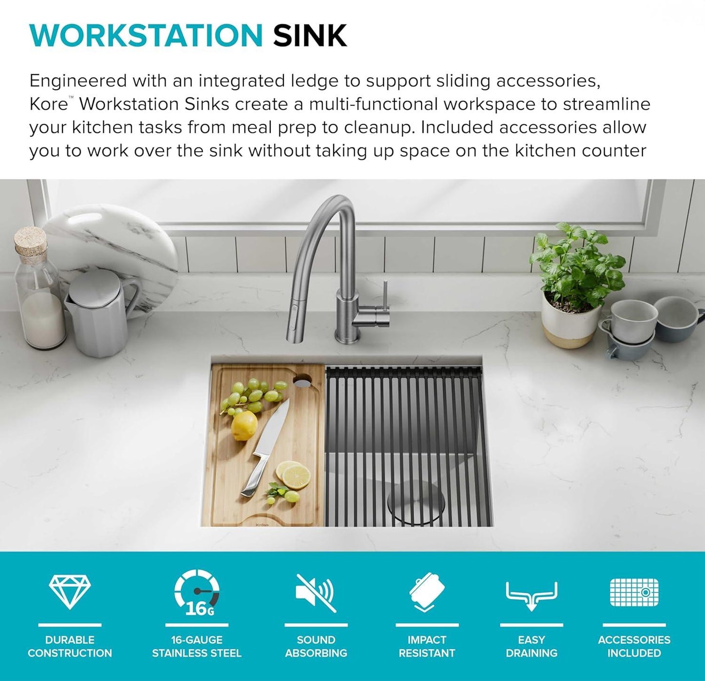 Paredi KWU111-23 Undermount Workstation 16 Gauge Single Bowl Stainless Steel Kitchen Sink with Accessories