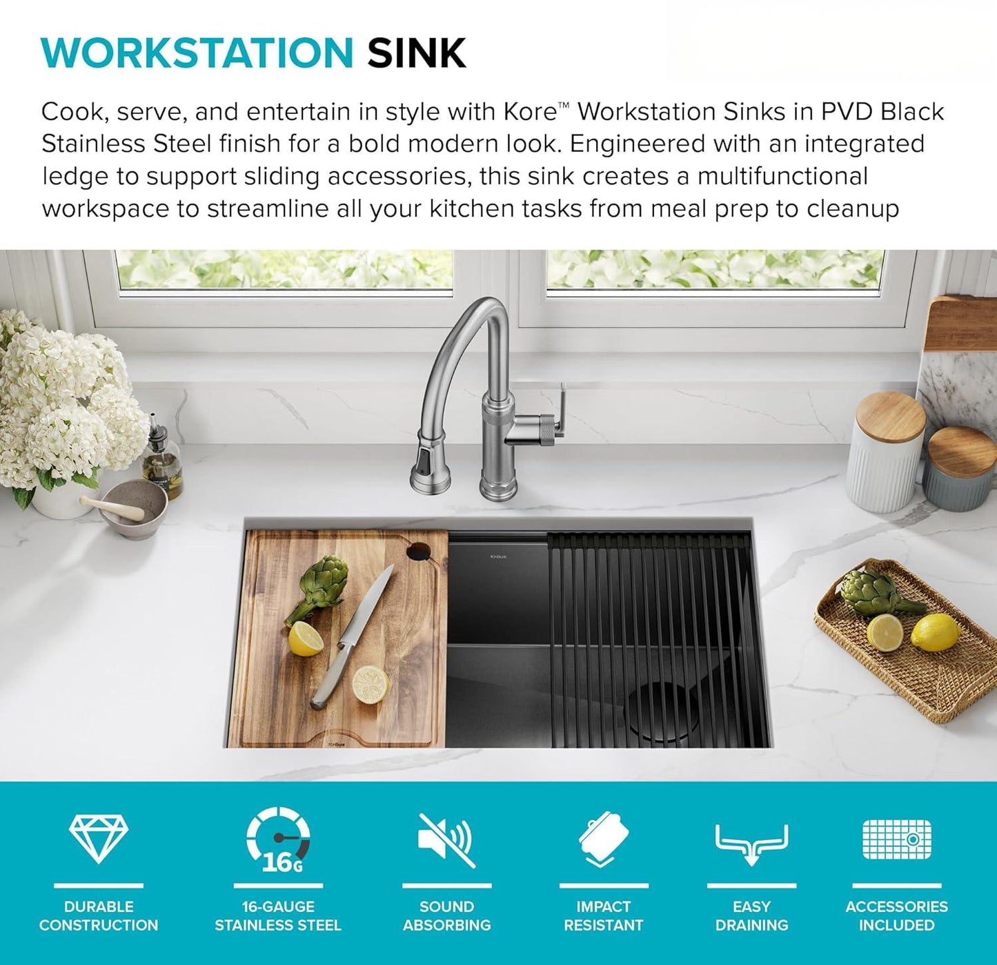 Paredi KWU110-30/PGM  Workstation Undermount 16 Gauge Black Stainless Steel Single Bowl Kitchen Sink in PVD Gunmetal Finish with Accessories