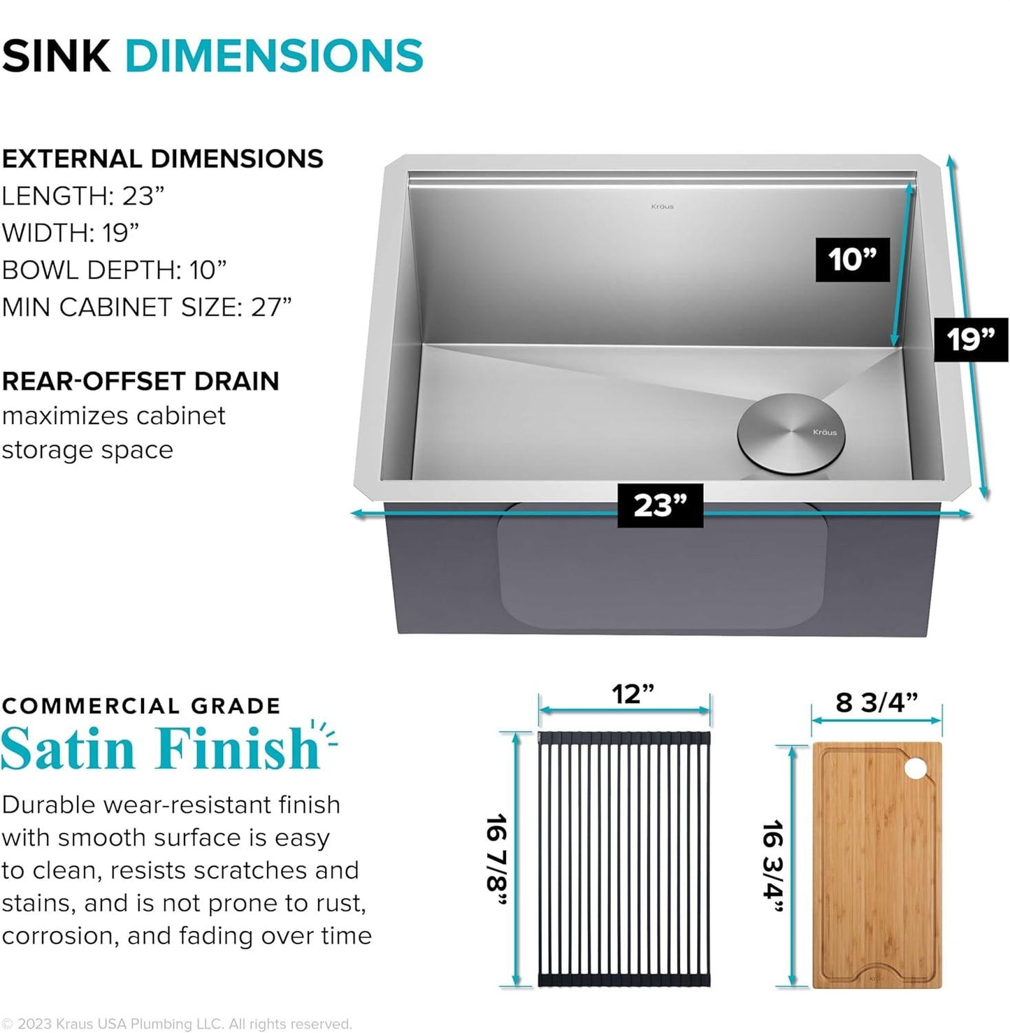 Paredi KWU111-23 Undermount Workstation 16 Gauge Single Bowl Stainless Steel Kitchen Sink with Accessories