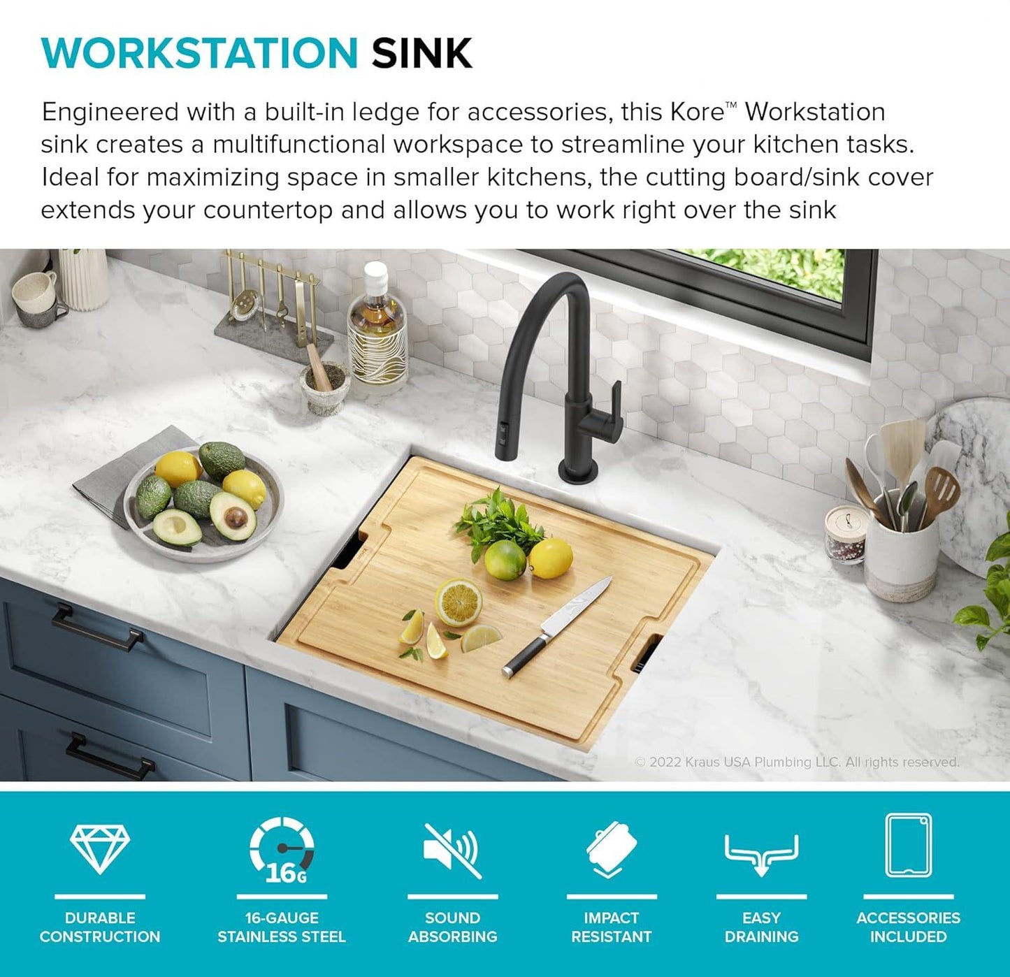 Paredi KWU1101-21-PGM Undermount Workstation 16 Gauge Black Stainless Steel Single Bowl Kitchen Sink in PVD Gunmetal Finish with Accessories