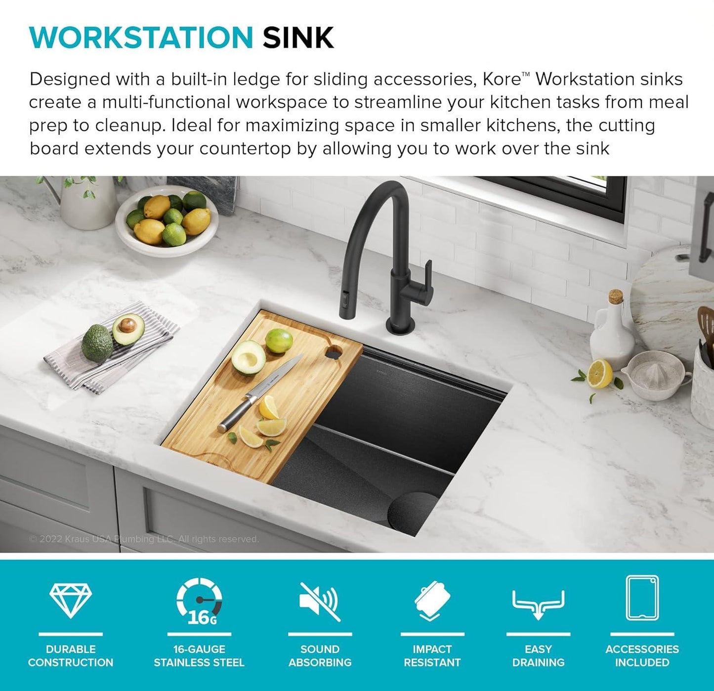 Paredi KWU1111-23-PGM Undermount Workstation 16 Gauge Black Stainless Steel Single Bowl Kitchen Sink in PVD Gunmetal Finish with Accessories