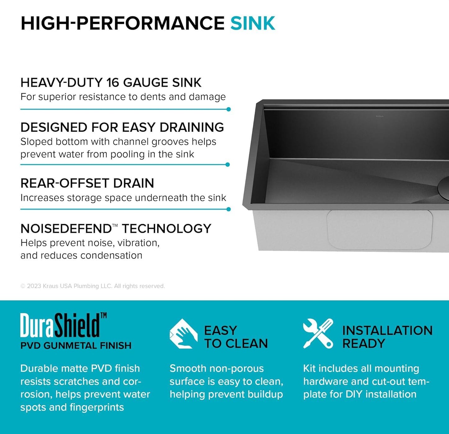 Paredi KWU110-32/PGM  Workstation Undermount 16 Gauge Black Stainless Steel Single Bowl Kitchen Sink in PVD Gunmetal Finish with Accessories