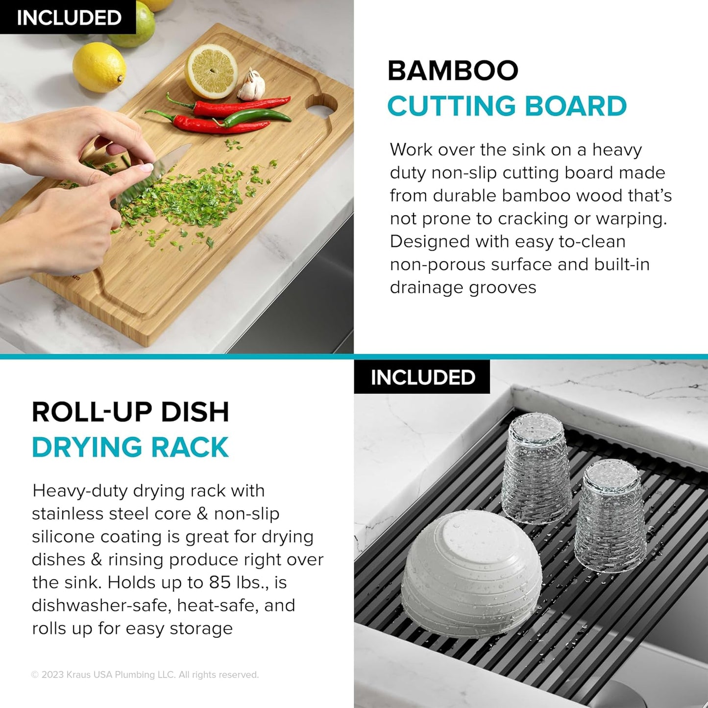 Paredi KWU111-23 Undermount Workstation 16 Gauge Single Bowl Stainless Steel Kitchen Sink with Accessories