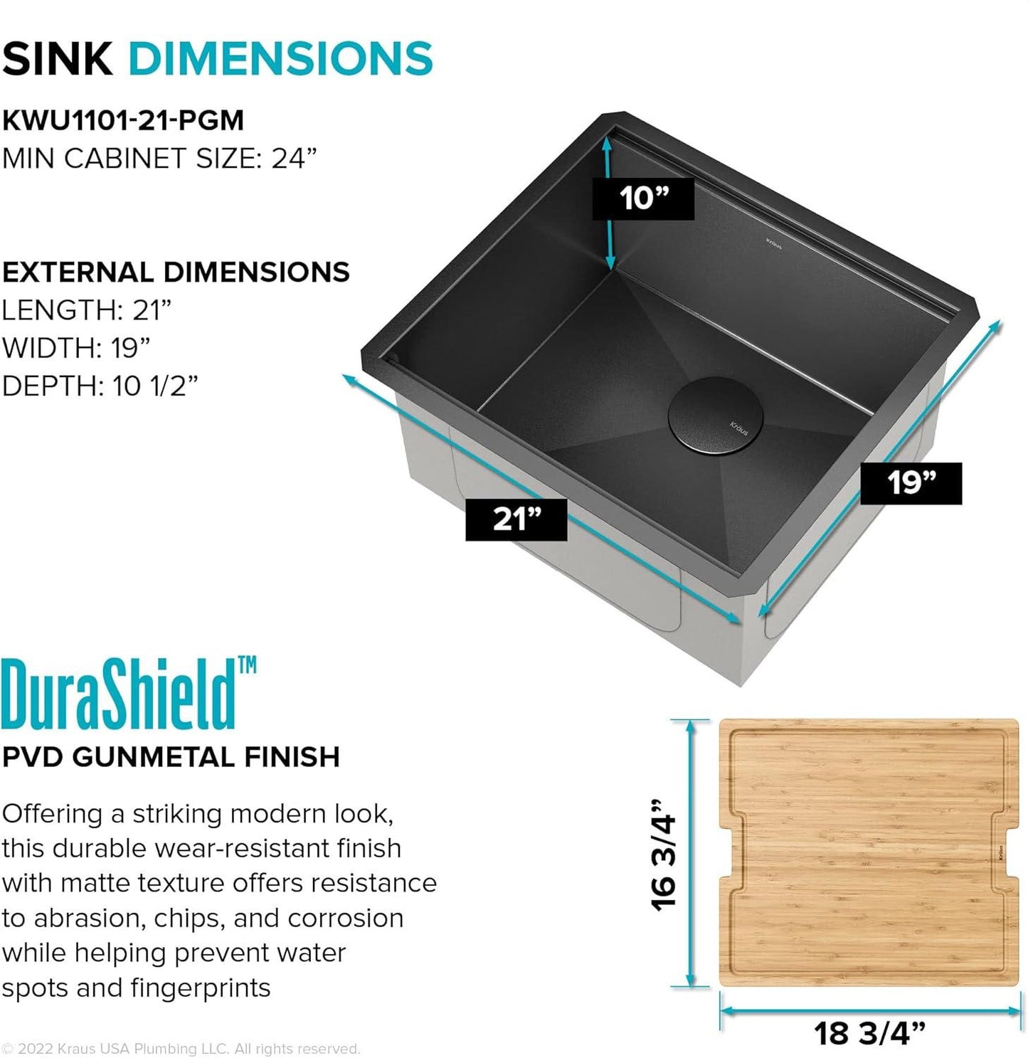 Paredi KWU1101-21-PGM Undermount Workstation 16 Gauge Black Stainless Steel Single Bowl Kitchen Sink in PVD Gunmetal Finish with Accessories