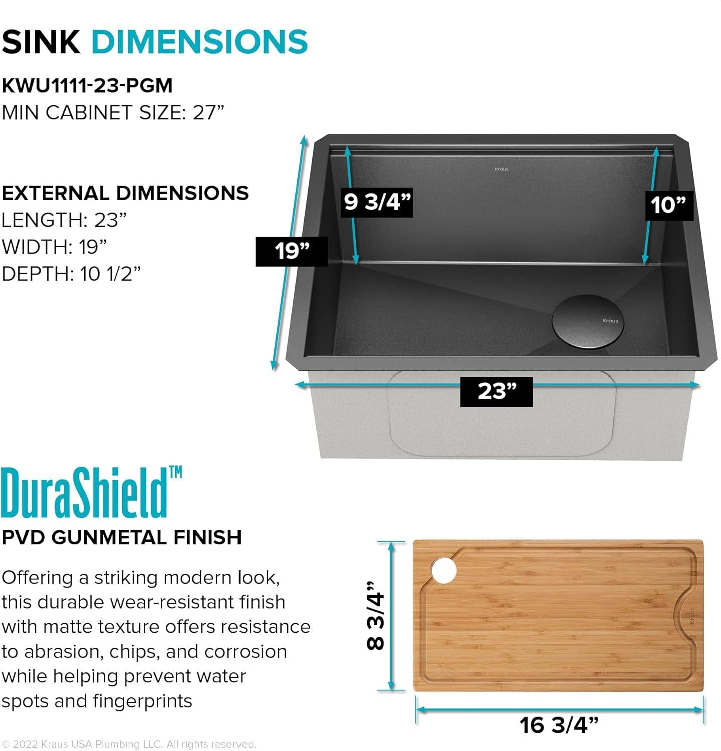 Paredi KWU1111-23-PGM Undermount Workstation 16 Gauge Black Stainless Steel Single Bowl Kitchen Sink in PVD Gunmetal Finish with Accessories
