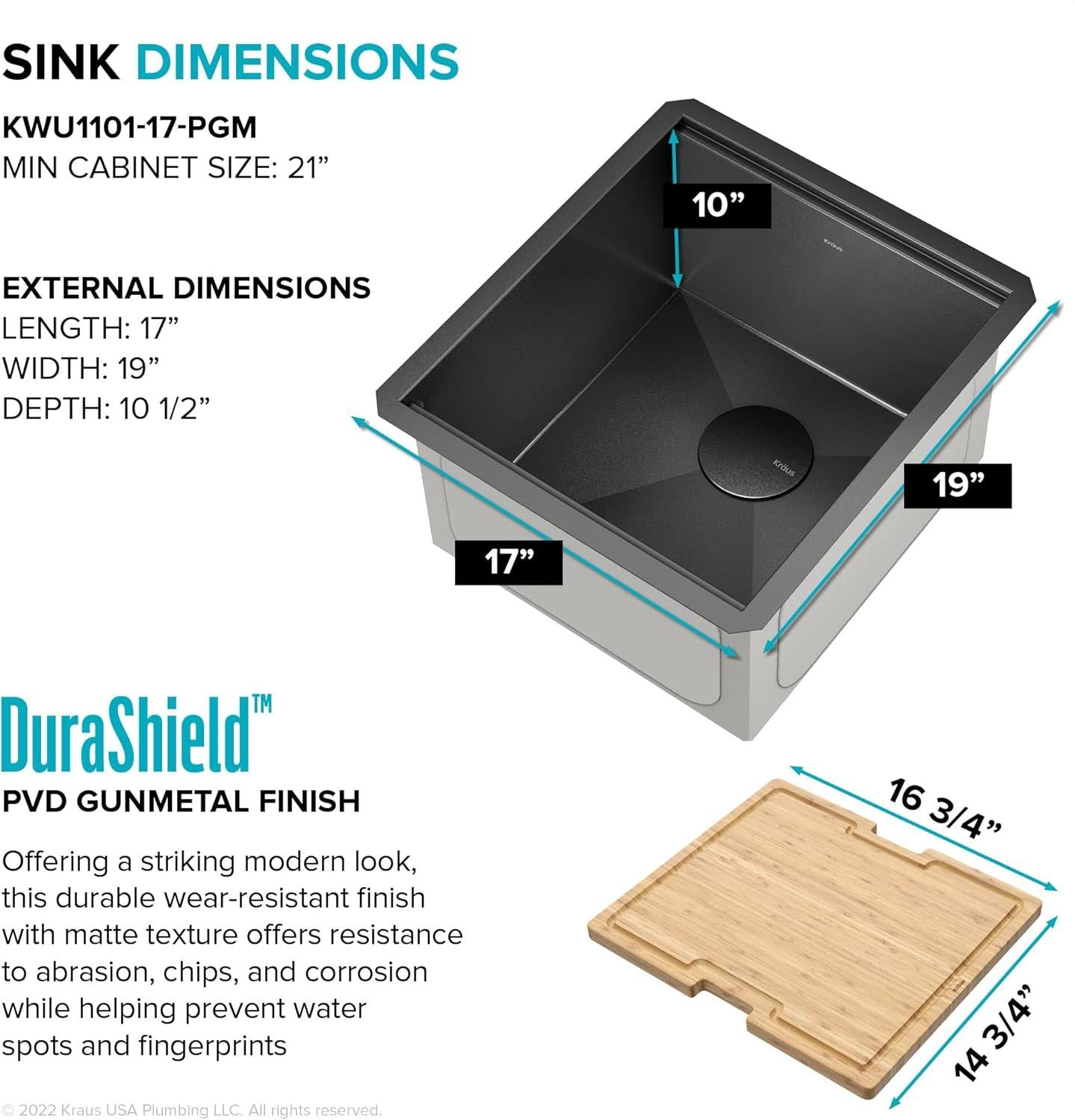 Paredi KWU1101-17-PGM Undermount 16 Gauge Black Stainless Kitchen Sink, Single Bowl Kitchen Sink in PVD Gunmetal Finish with Accessories