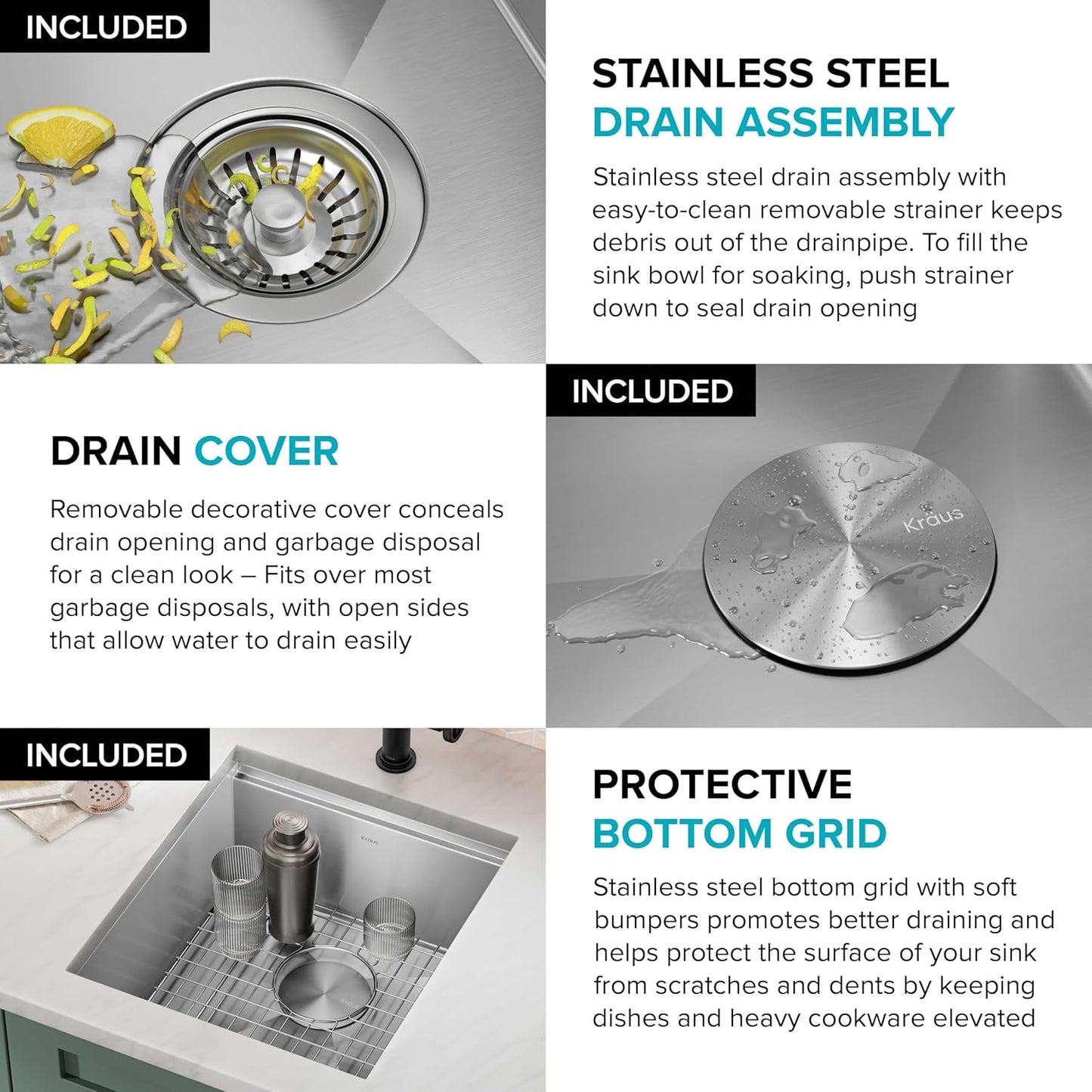 Paredi KWU111-17 Undermount Workstation 16 Gauge Single Bowl Stainless Steel Bar Kitchen Sink with Accessories