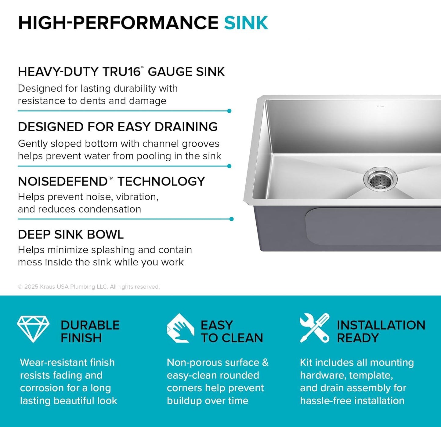 Paredi KHU100-30 Standart PRO 16 Gauge Undermount Single Bowl Stainless Steel Kitchen Sink