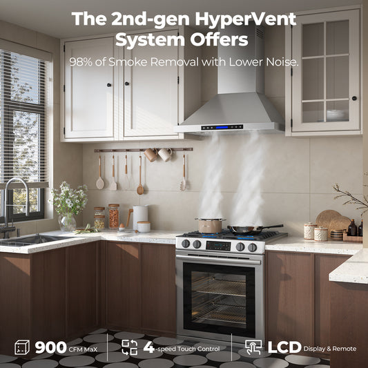 900 CFM Convertible Wall Mount Range Hood with Remote,Touch Control LCD,Long-term Warranty in Stainless Steel