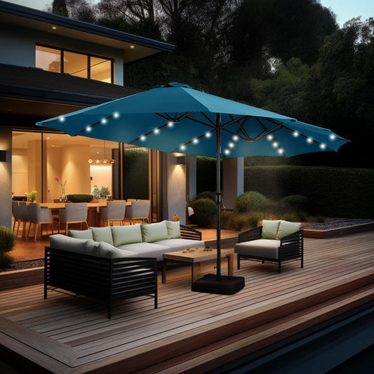 Aynova 15 ft Rectangle Patio Umbrella with Solar Lights and Base Included, Double-Sided Market Table Umbrella with Crank, Large Outdoor Umbrellas for Patio Poolside Garden Backyard, Cerulean