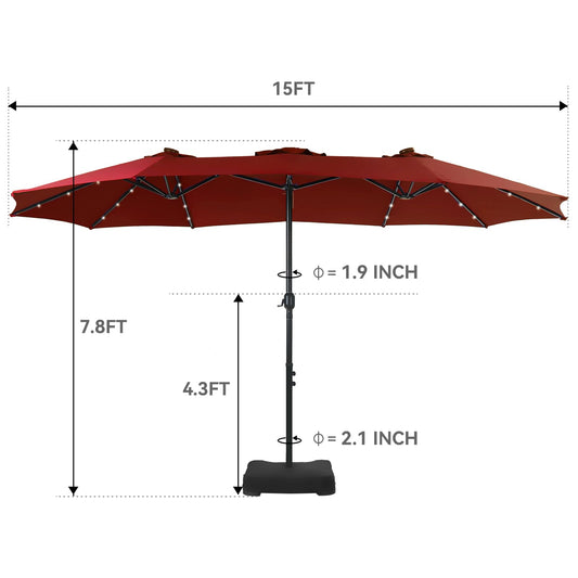 Aynova 15 ft Rectangle Patio Umbrella with Solar Lights and Base Included, Double-Sided Market Table Umbrella with Crank, Large Outdoor Umbrellas for Patio Poolside Garden Backyard, Burgundy Red