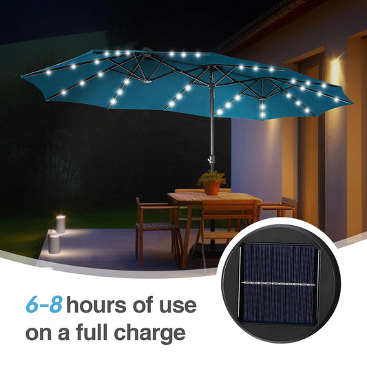 Aynova 15 ft Rectangle Patio Umbrella with Solar Lights and Base Included, Double-Sided Market Table Umbrella with Crank, Large Outdoor Umbrellas for Patio Poolside Garden Backyard, Cerulean