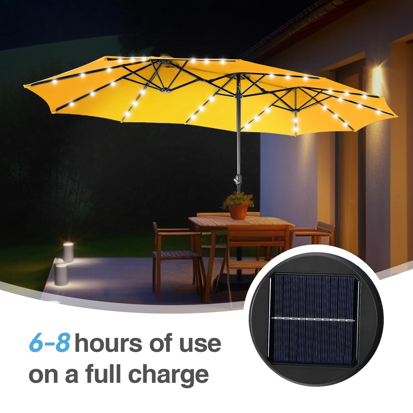 Aynova 15 ft Rectangle Patio Umbrella with Solar Lights and Base Included, Double-Sided Market Table Umbrella with Crank, Large Outdoor Umbrellas for Patio Poolside Garden Backyard, Gold Yellow