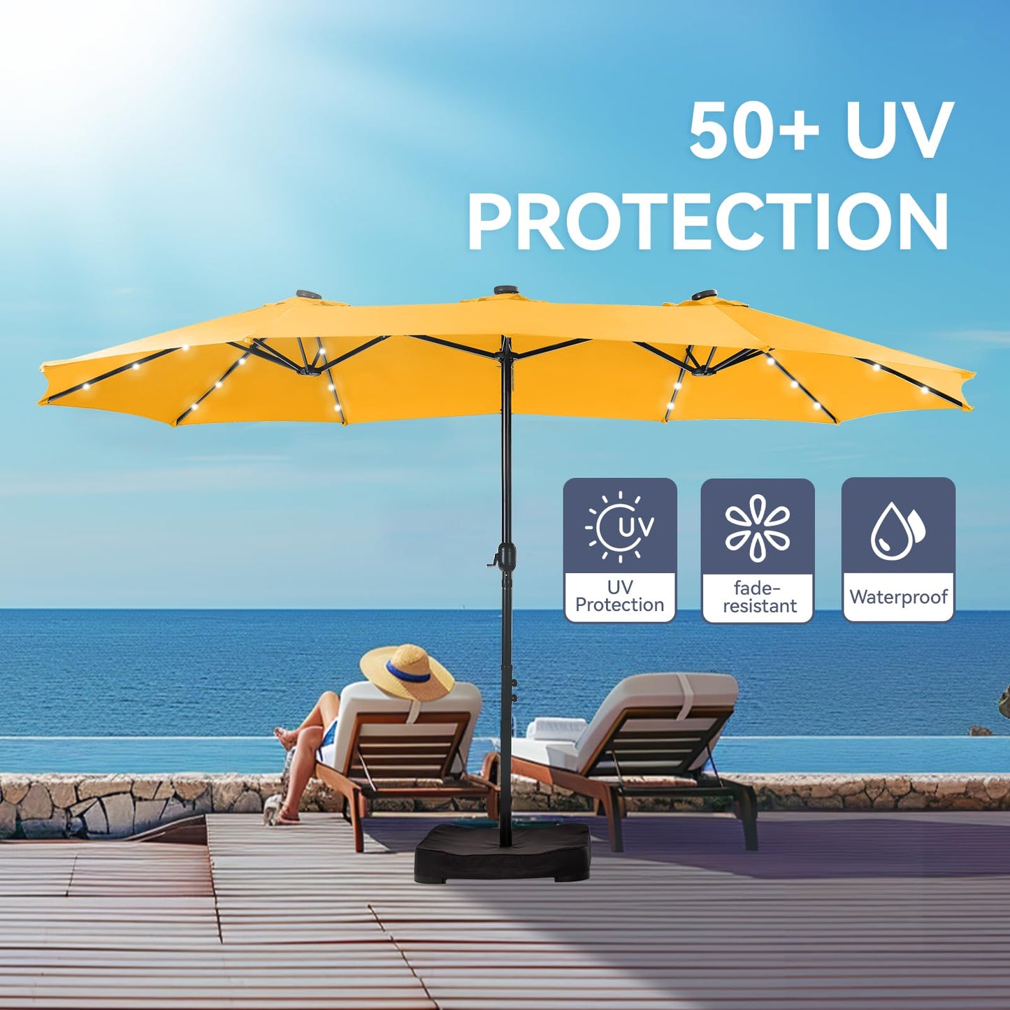 Aynova 15 ft Rectangle Patio Umbrella with Solar Lights and Base Included, Double-Sided Market Table Umbrella with Crank, Large Outdoor Umbrellas for Patio Poolside Garden Backyard, Gold Yellow