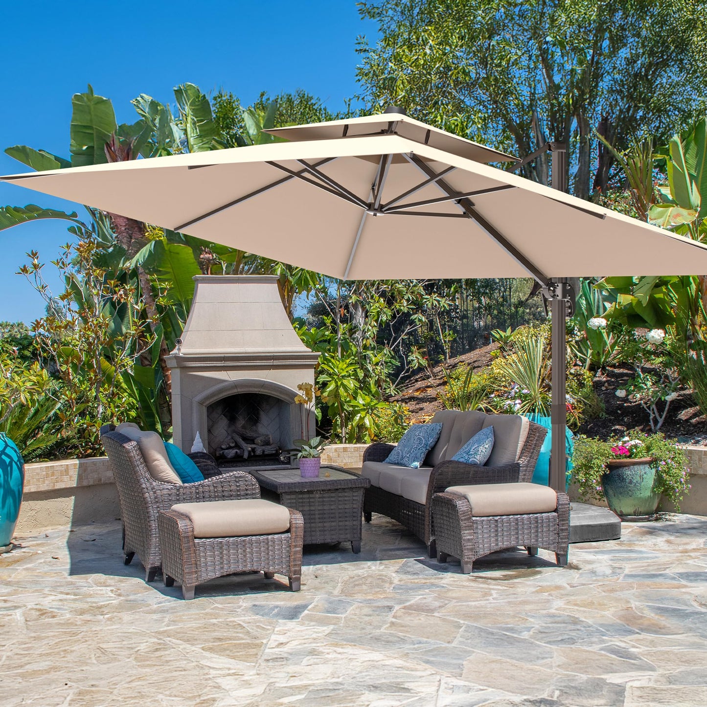 Aynova 10x13FT Cantilever Outdoor Patio Umbrellas, Double Top Large Rectangle Umbrella, Heavy Duty 360° Rotation Offset Outdoor Sun Shade Umbrella for Garden Deck Pool Backyard Patio, Beige