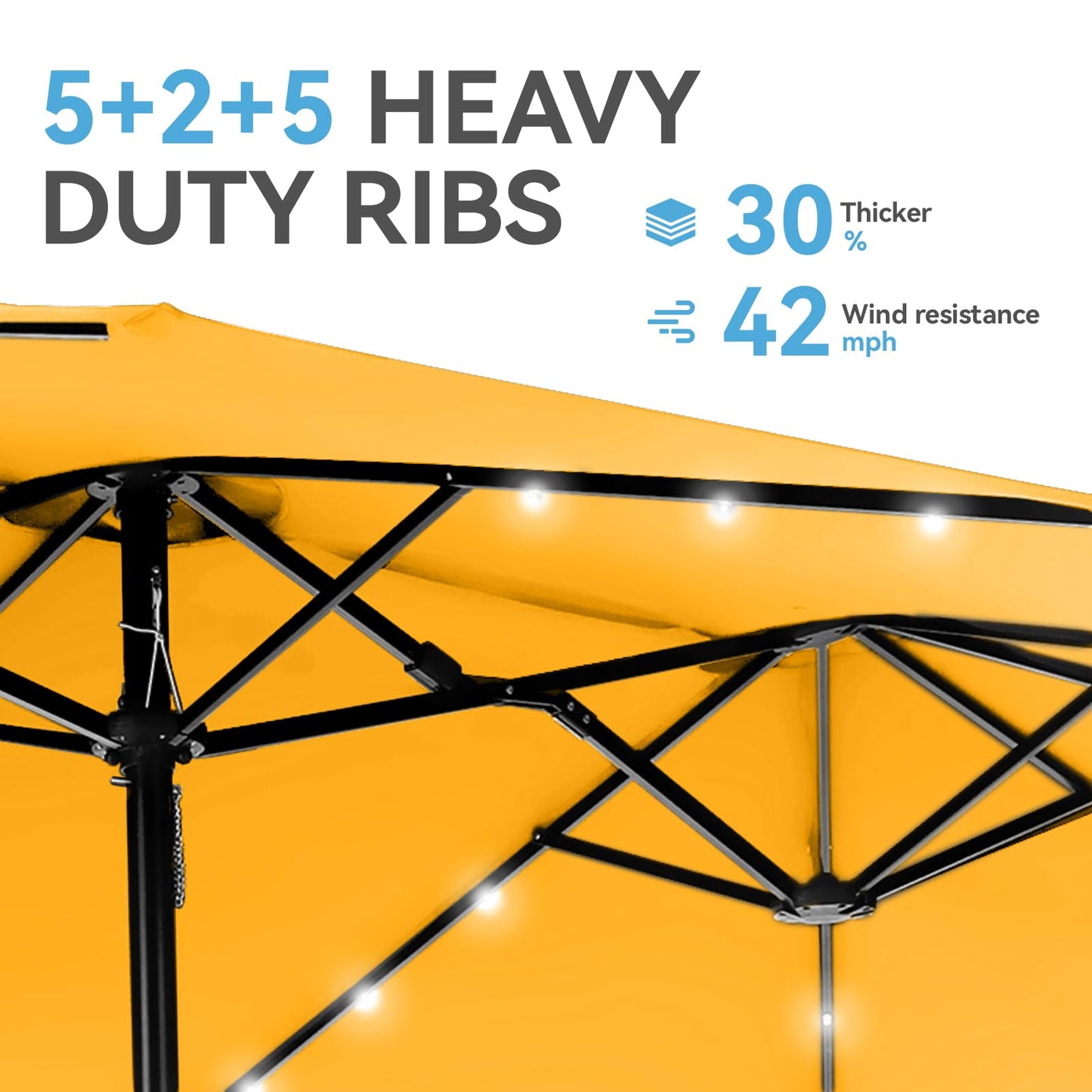 Aynova 15 ft Rectangle Patio Umbrella with Solar Lights and Base Included, Double-Sided Market Table Umbrella with Crank, Large Outdoor Umbrellas for Patio Poolside Garden Backyard, Gold Yellow