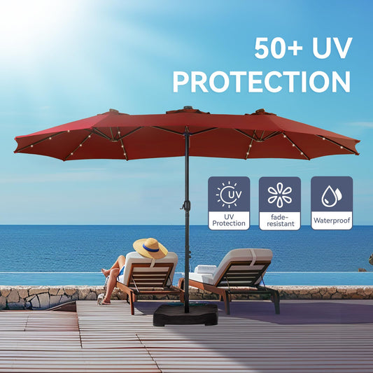 Aynova 15 ft Rectangle Patio Umbrella with Solar Lights and Base Included, Double-Sided Market Table Umbrella with Crank, Large Outdoor Umbrellas for Patio Poolside Garden Backyard, Burgundy Red