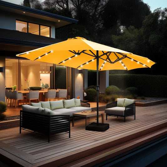 Aynova 15 ft Rectangle Patio Umbrella with Solar Lights and Base Included, Double-Sided Market Table Umbrella with Crank, Large Outdoor Umbrellas for Patio Poolside Garden Backyard, Gold Yellow