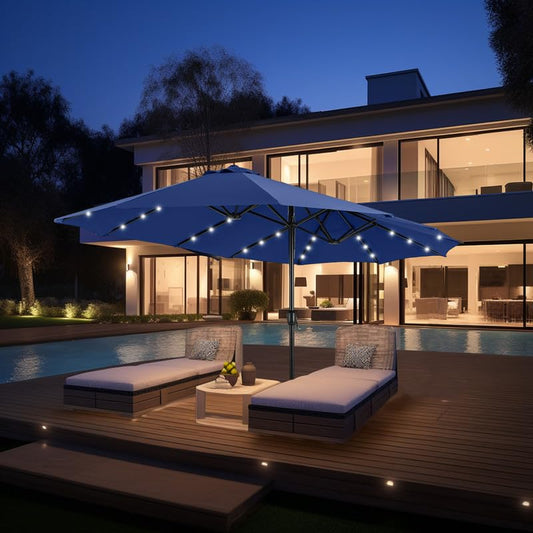 Aynova 15 ft Rectangle Patio Umbrella with Solar Lights and Base Included, Double-Sided Market Table Umbrella with Crank, Large Outdoor Umbrellas for Patio Poolside Garden Backyard, Haze Blue